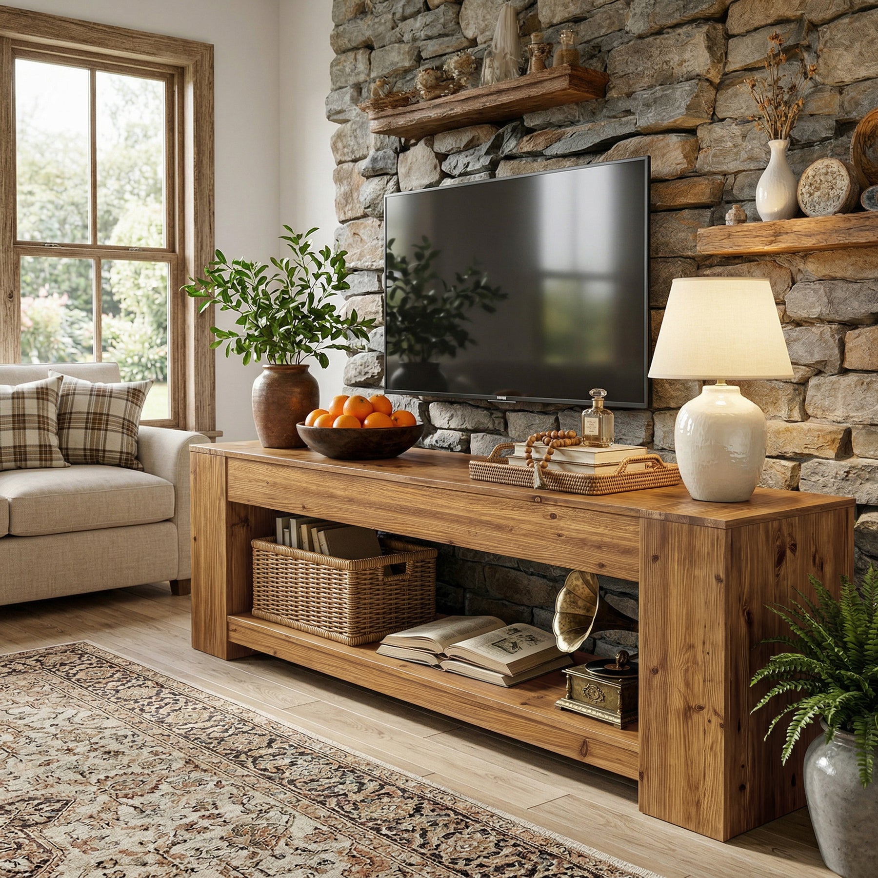 Tribesigns 63" Solid Wood TV Stand, Farmhouse Console for Living Room