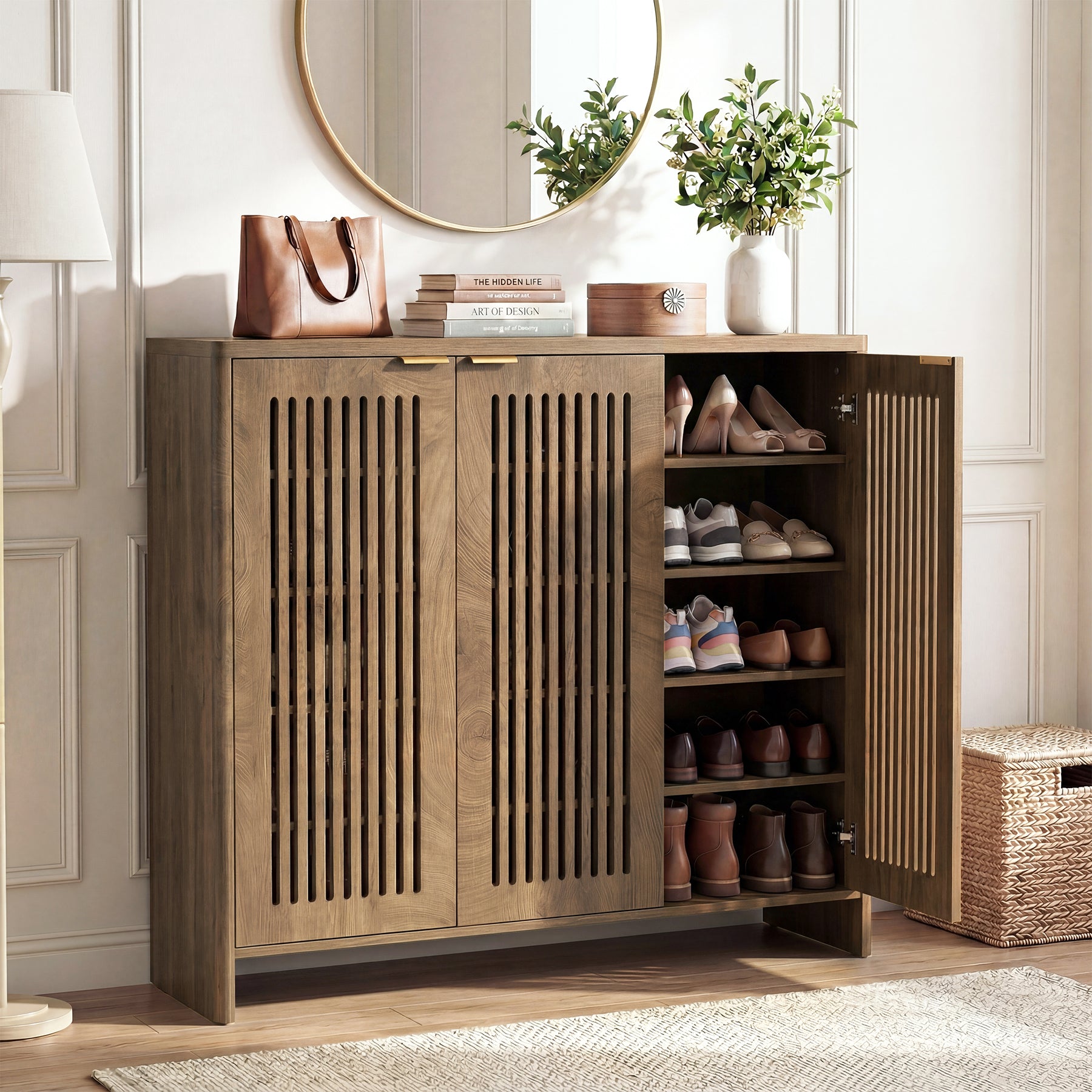 5-Tier Shoe Cabinet with Doors, Wooden Shoe Storage for 25-30 Pairs with Adjustable Shelves