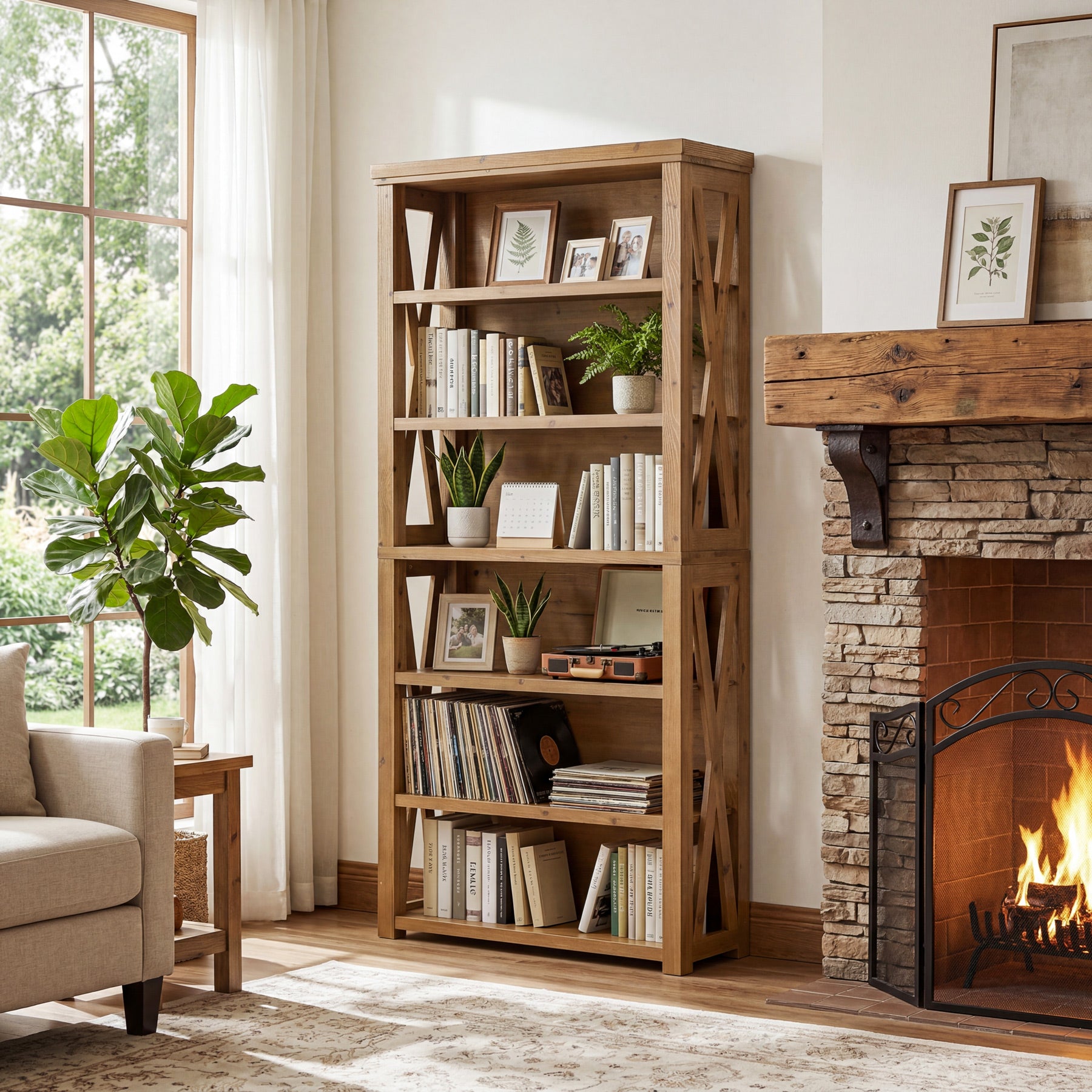 72" Tall Bookshelf, 6-Tier Solid Wood Bookcase with Open Shelves