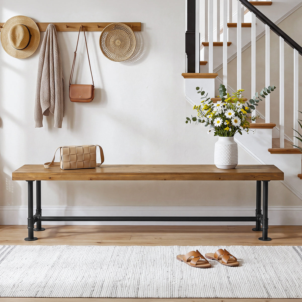 71" Solid Wood Entryway Bench, Industrial Shoe Bench with Metal Pipe Legs for Hallway
