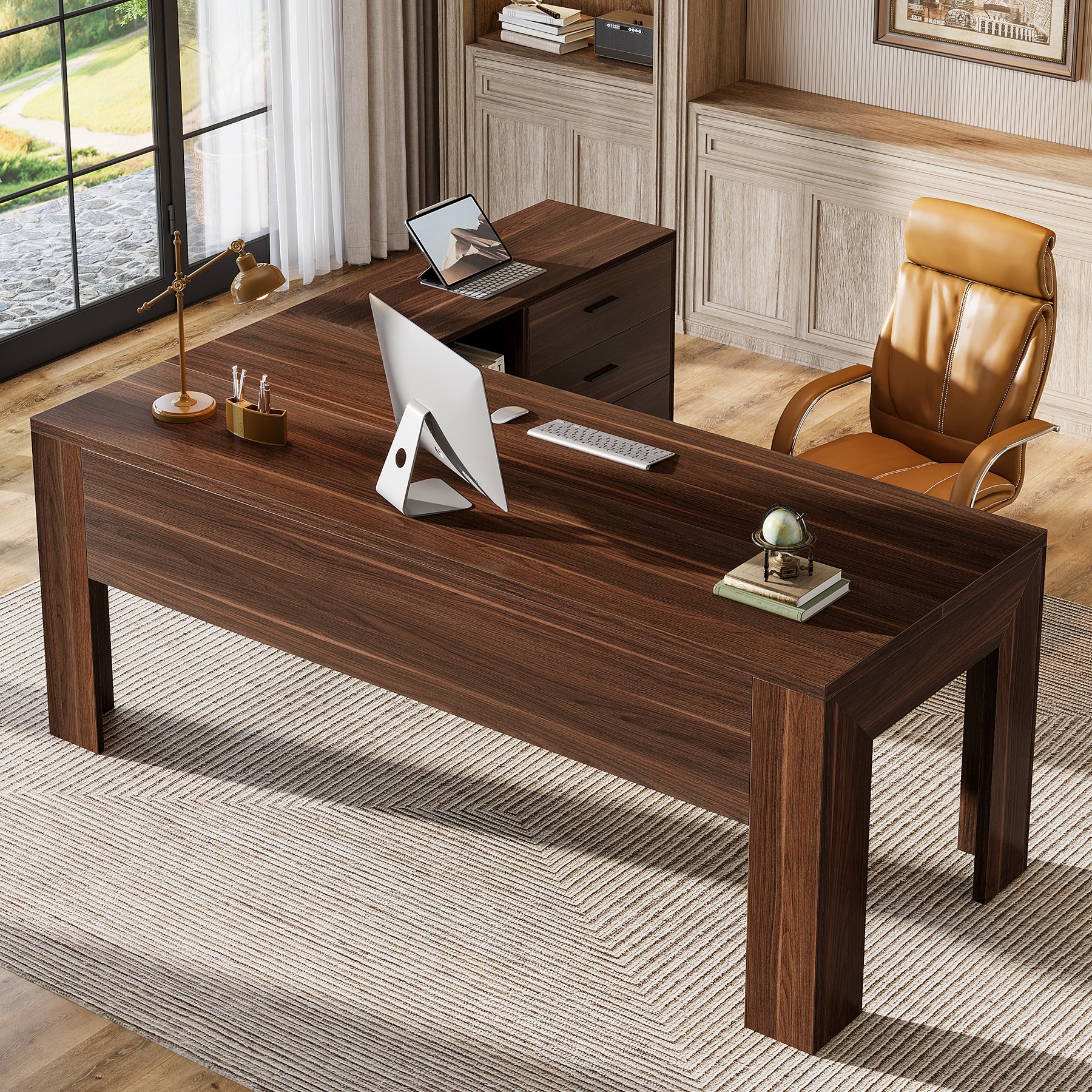 Walnut 63 inch executive desk with mobile file cabinet for home office