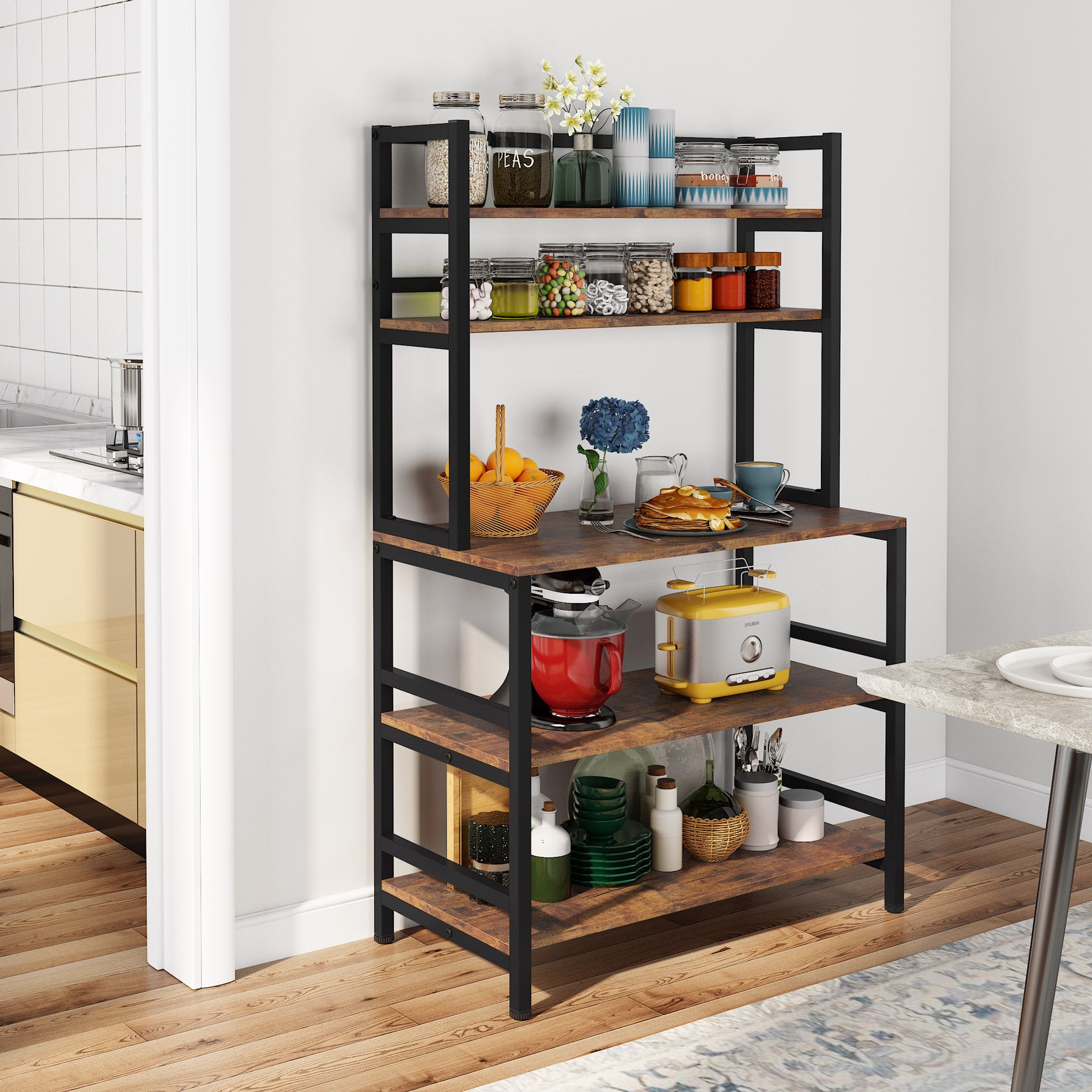 Freestanding Kitchen Baker's Rack, 5-Tier Microwave Oven Stand with Hutch