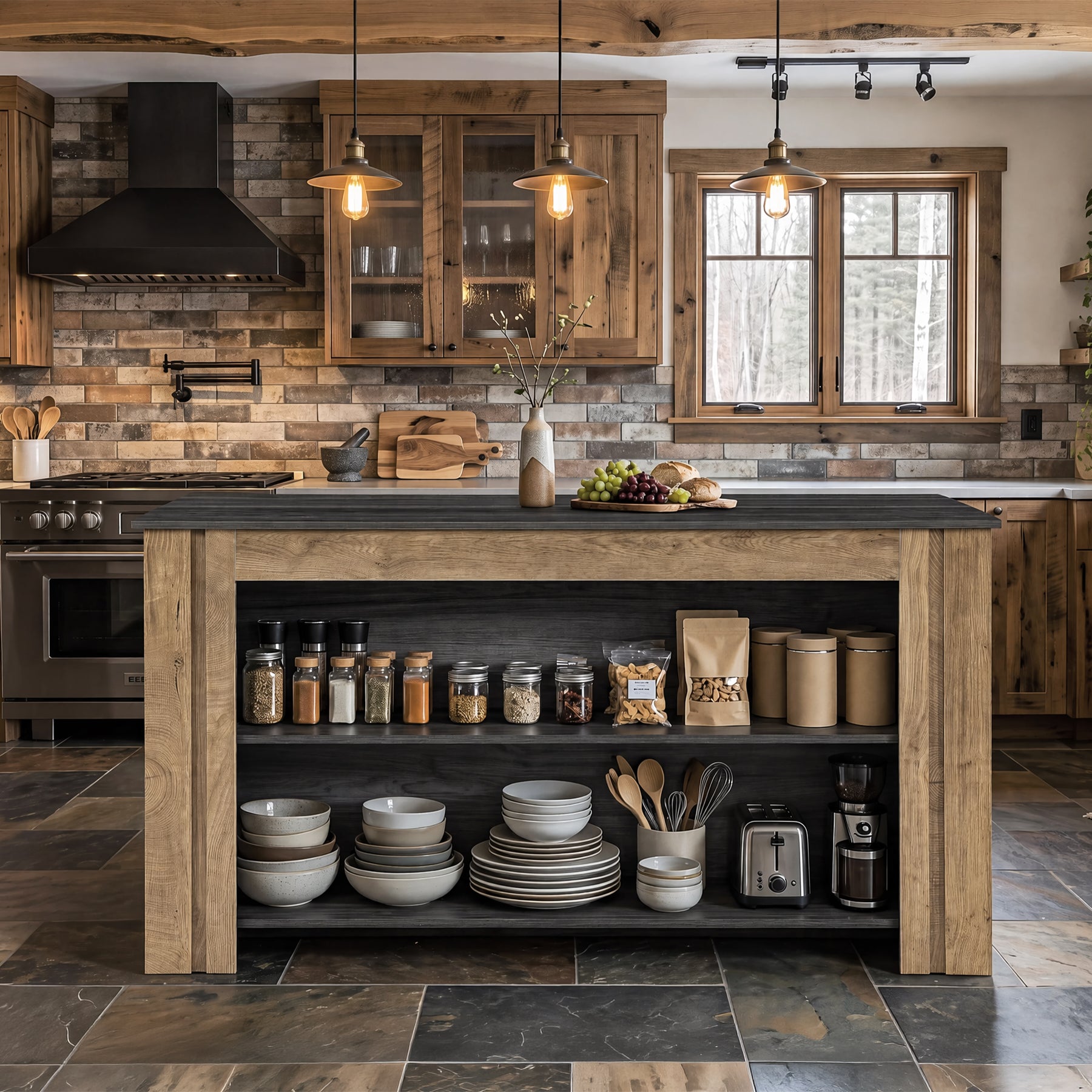 59" Kitchen Island, 3-Tier Farmhouse Coffee Bar Table with Large Worktop & Storage