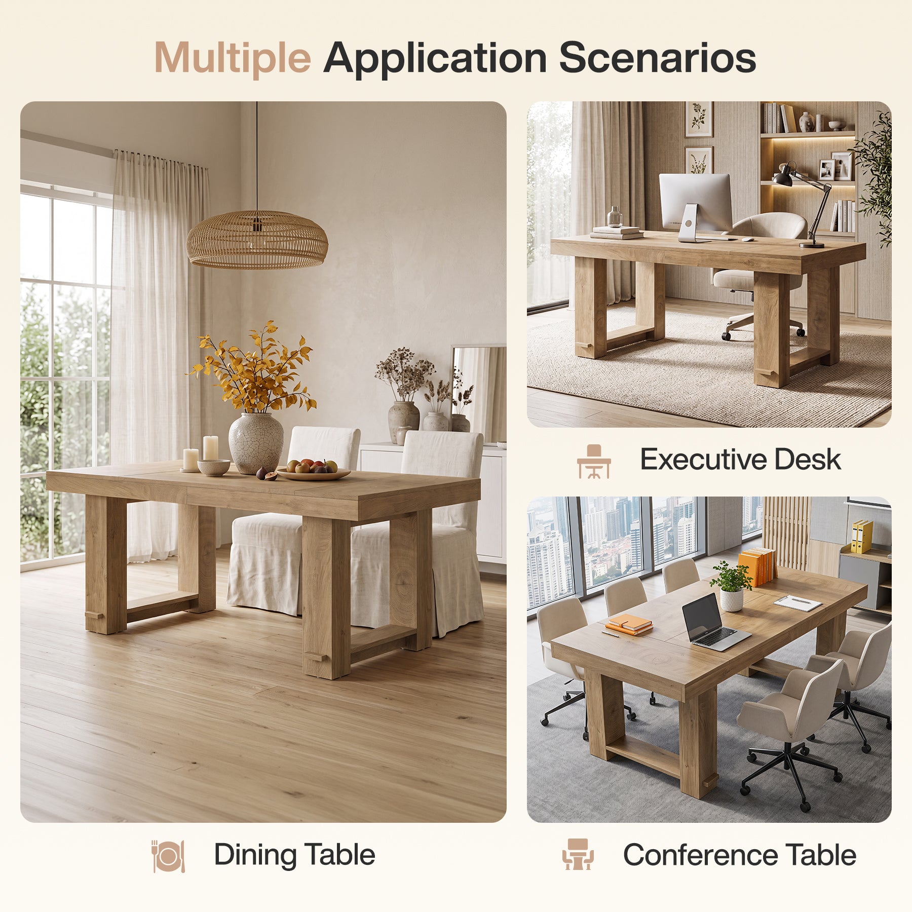 63" Large Dining Table, Rectangular Farmhouse Kitchen Table for 4-6 People