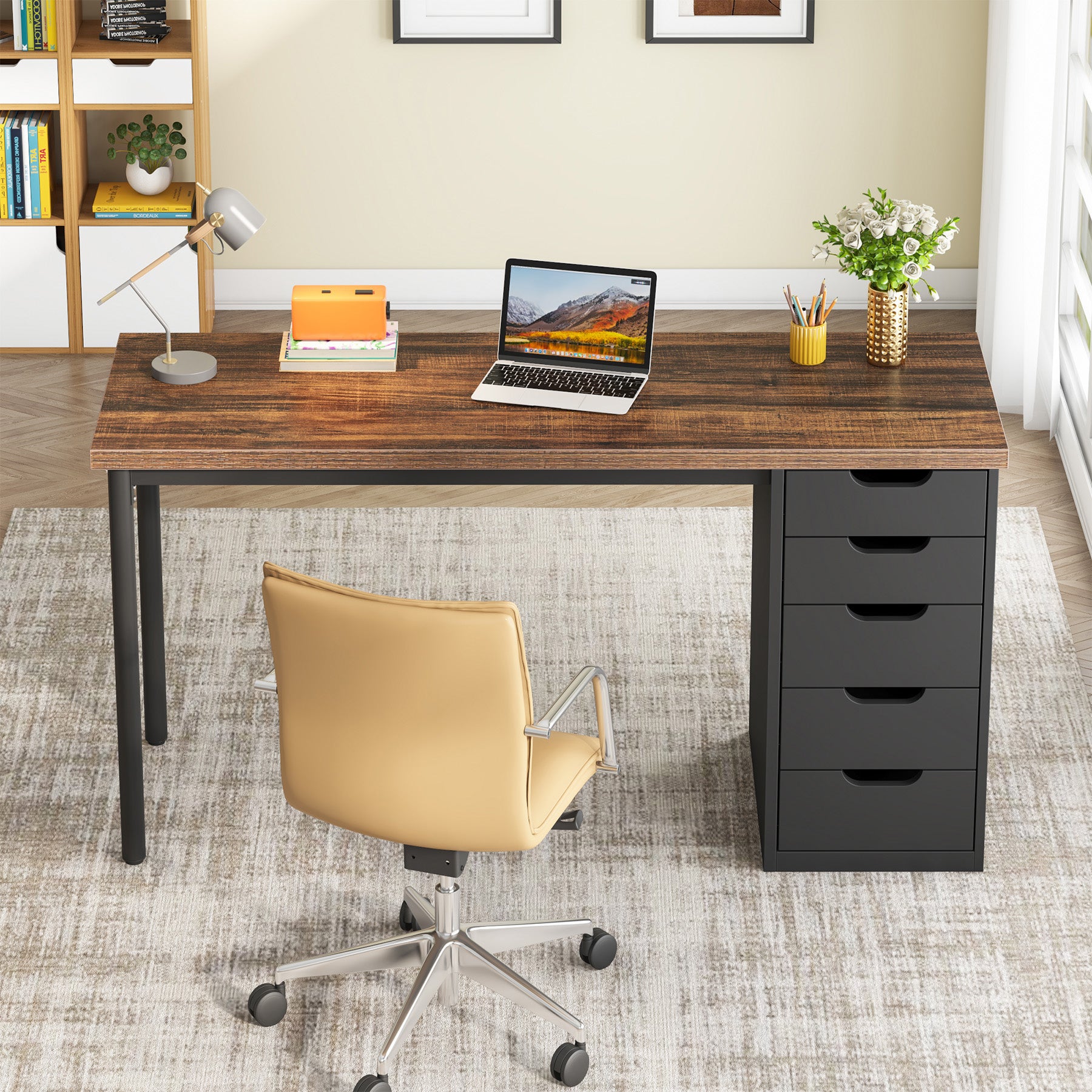 47" Computer Desk with 5 Drawers, Compact Storage Home Office Desk