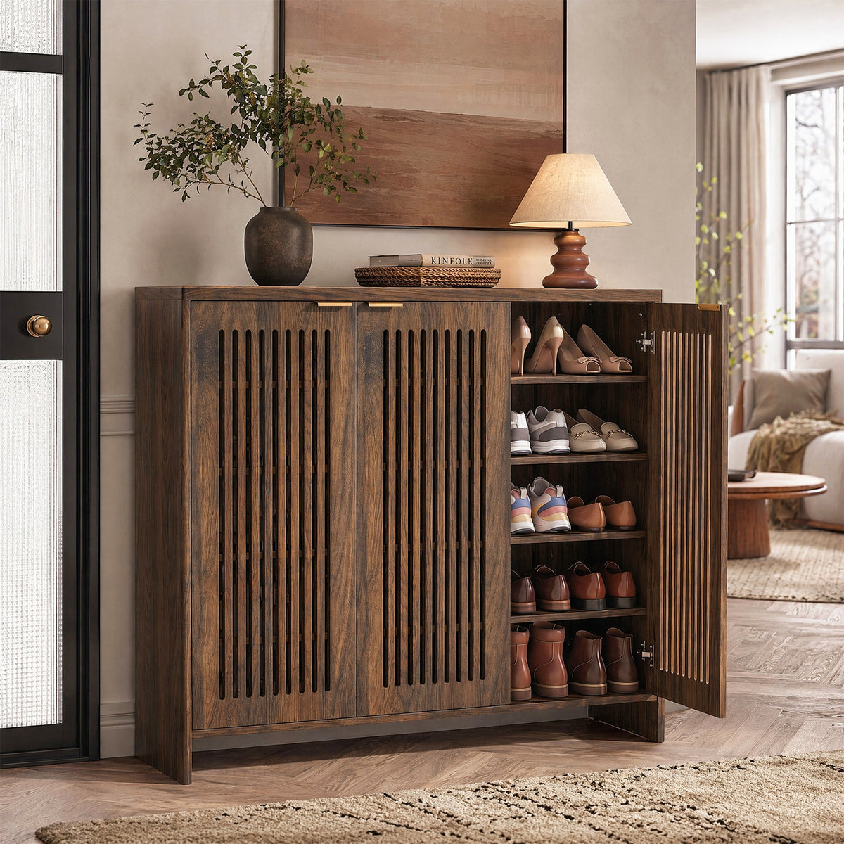 5-Tier Shoe Cabinet with Doors, Wooden Shoe Storage for 25-30 Pairs with Adjustable Shelves