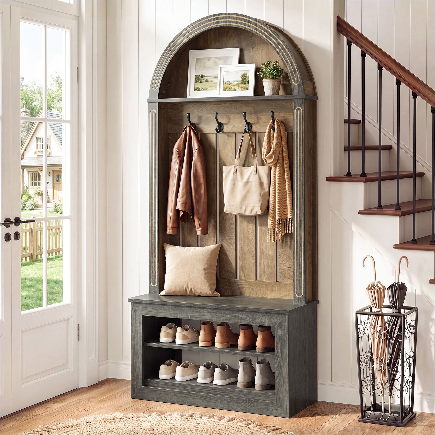 71" Hall Tree with Bench & Shoe Storage, Farmhouse Entryway Coat Rack, 4 Hooks, Open Shelf