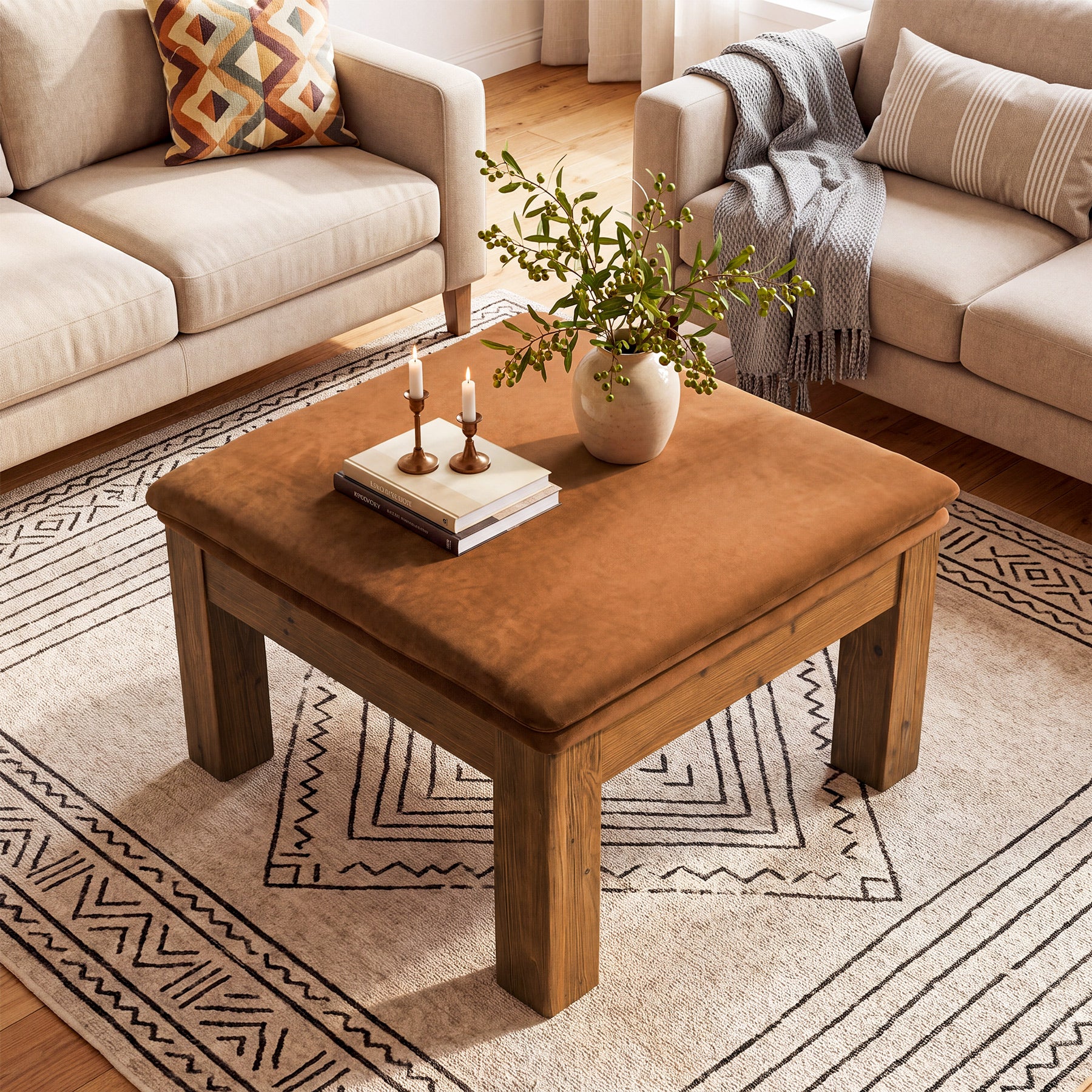 32.28" Square Coffee Table with Solid Wood Frame & Removable Velvet Cushion