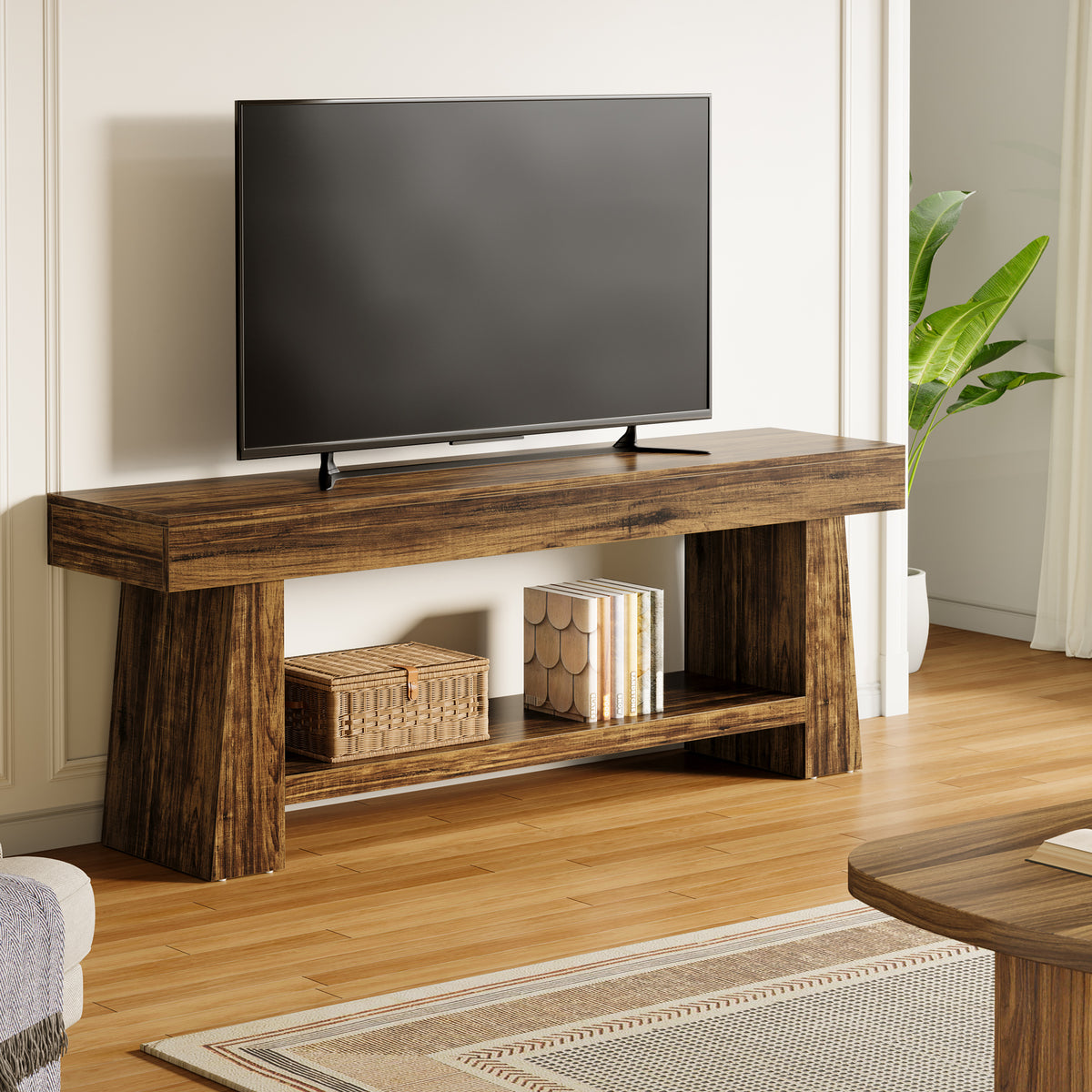 63" TV Stand, Farmhouse Entertainment Center with 2-Tier Shelf for 55"-75" TVs