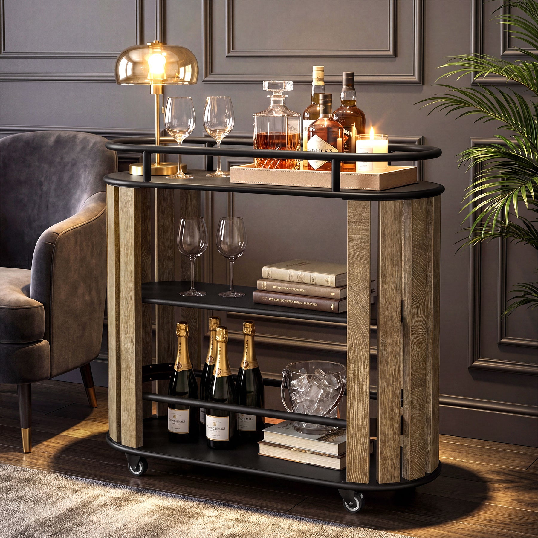 Tribesigns 35.43-Inch 3-Tier Bar Cart with Wheels and Metal Frame, Industrial Rolling Serving Cart for Kitchen