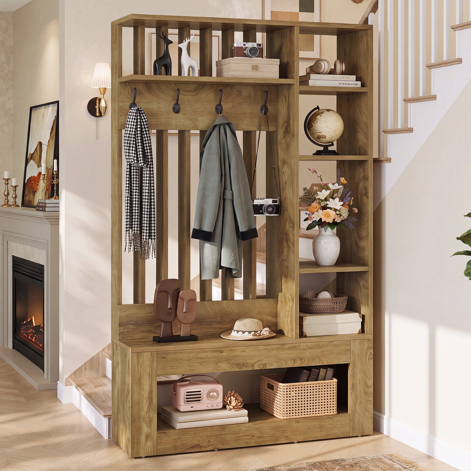 70.8"H Wall Room Divider, Freestanding Room Partition with Shelves and Coat Hooks