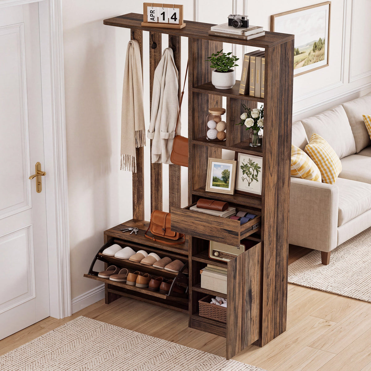71" Farmhouse Hall Tree with Bench & Shoe Storage, 5 Double Hooks & 2 Drawers