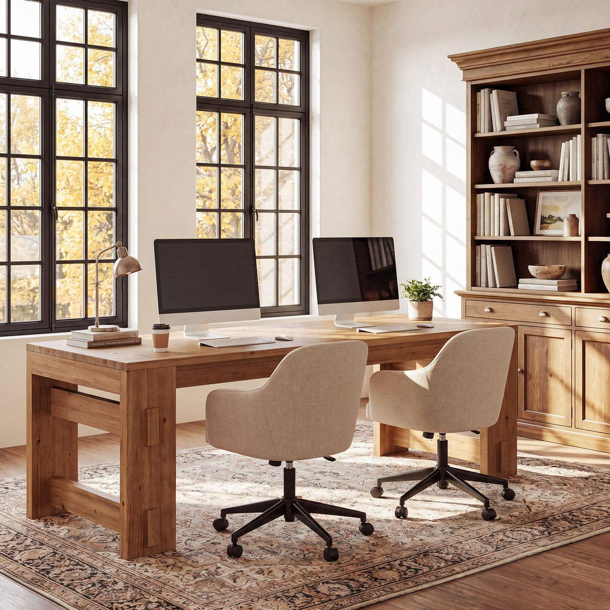 Solid Wood 2 Person Desk, 78.7" Office Computer Desk with Chunky Wood Legs