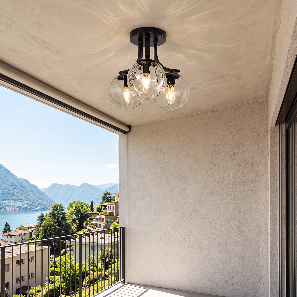 3-Light Semi Flush Mount Ceiling Light with Clear Bubble Glass Globes