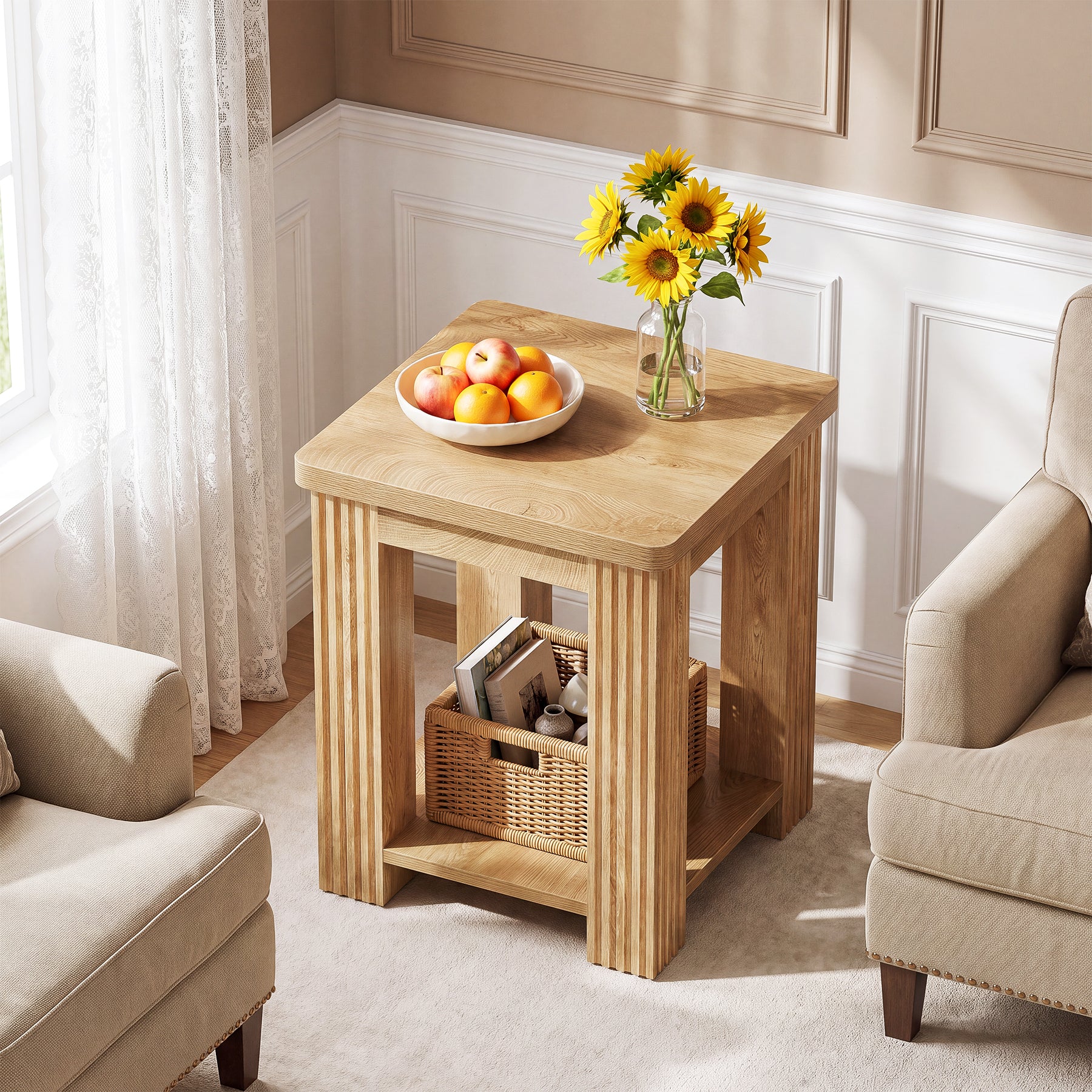 19.7" Square End Table with Storage, Farmhouse Side Table for Living Room, Bedroom