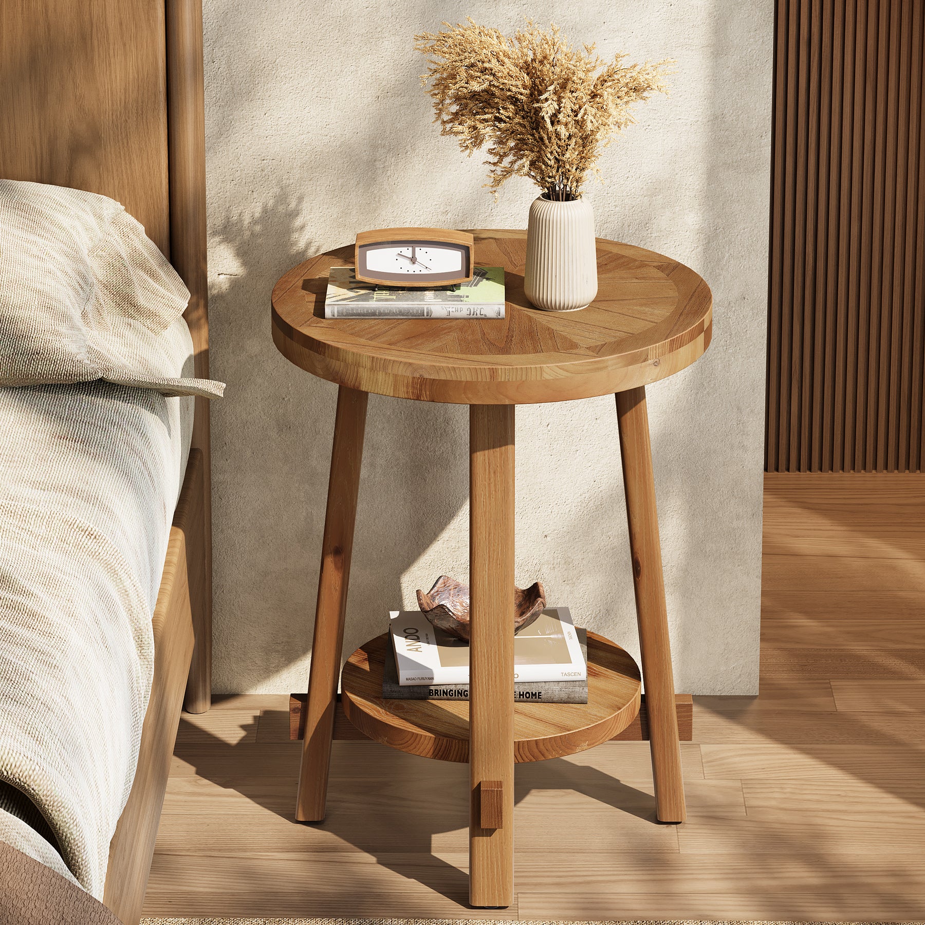19.6" Round End Table, Solid Wood Side Table with 2-Tier Storage