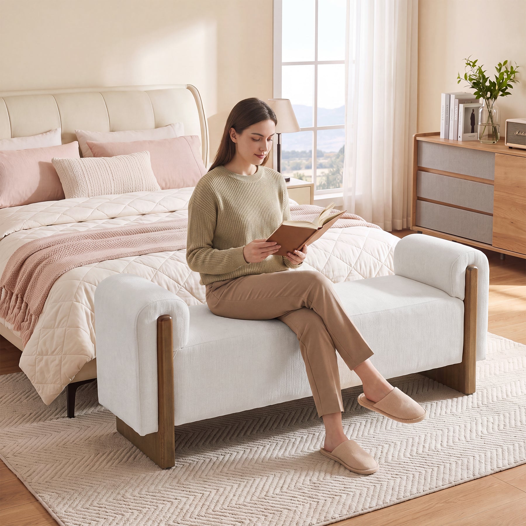 55" End of Bed Bench with Arms, Modern Upholstered Bedroom Bench, Solid Wood Base