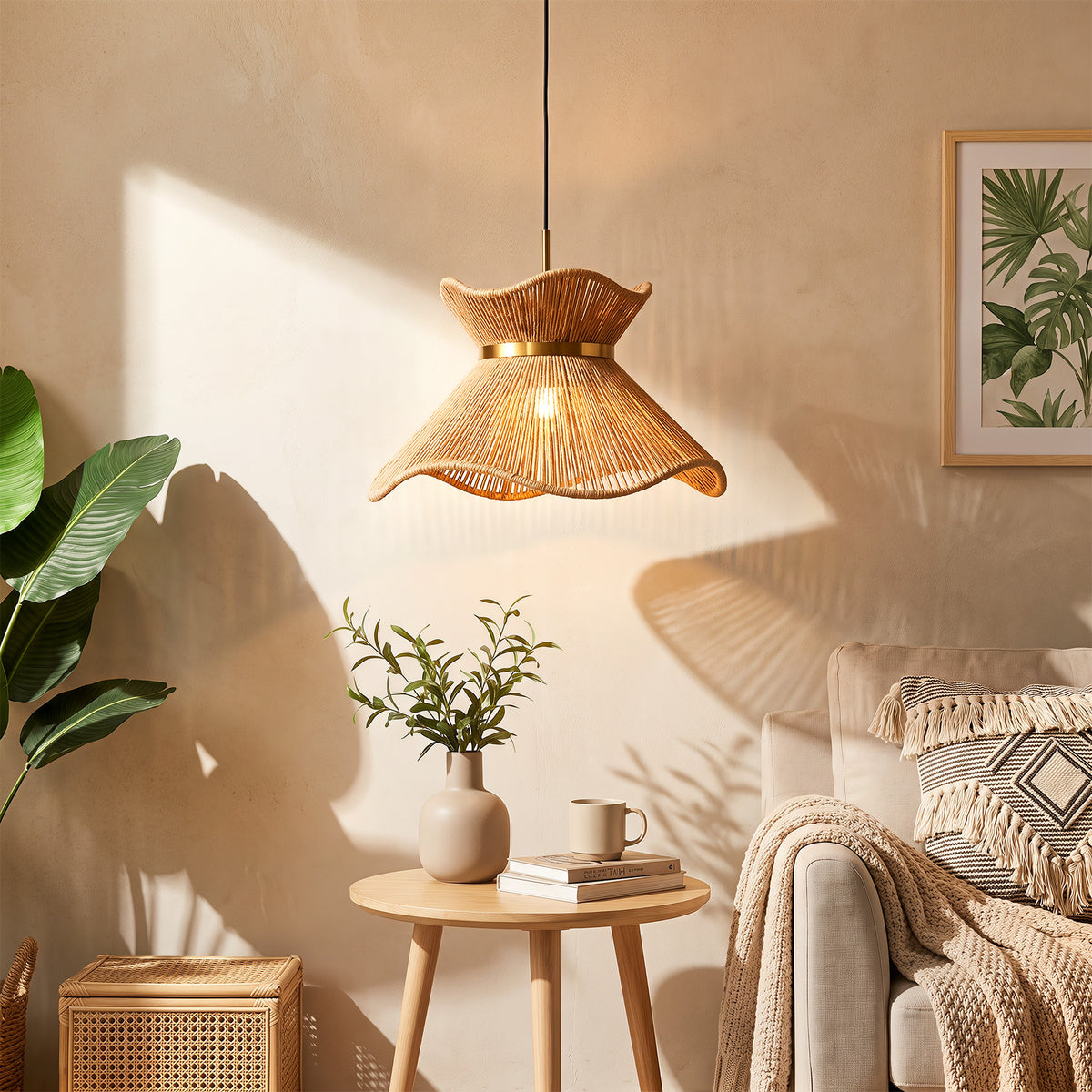 15.75" Farmhouse Rattan Pendant Light, Woven Boho Chandelier