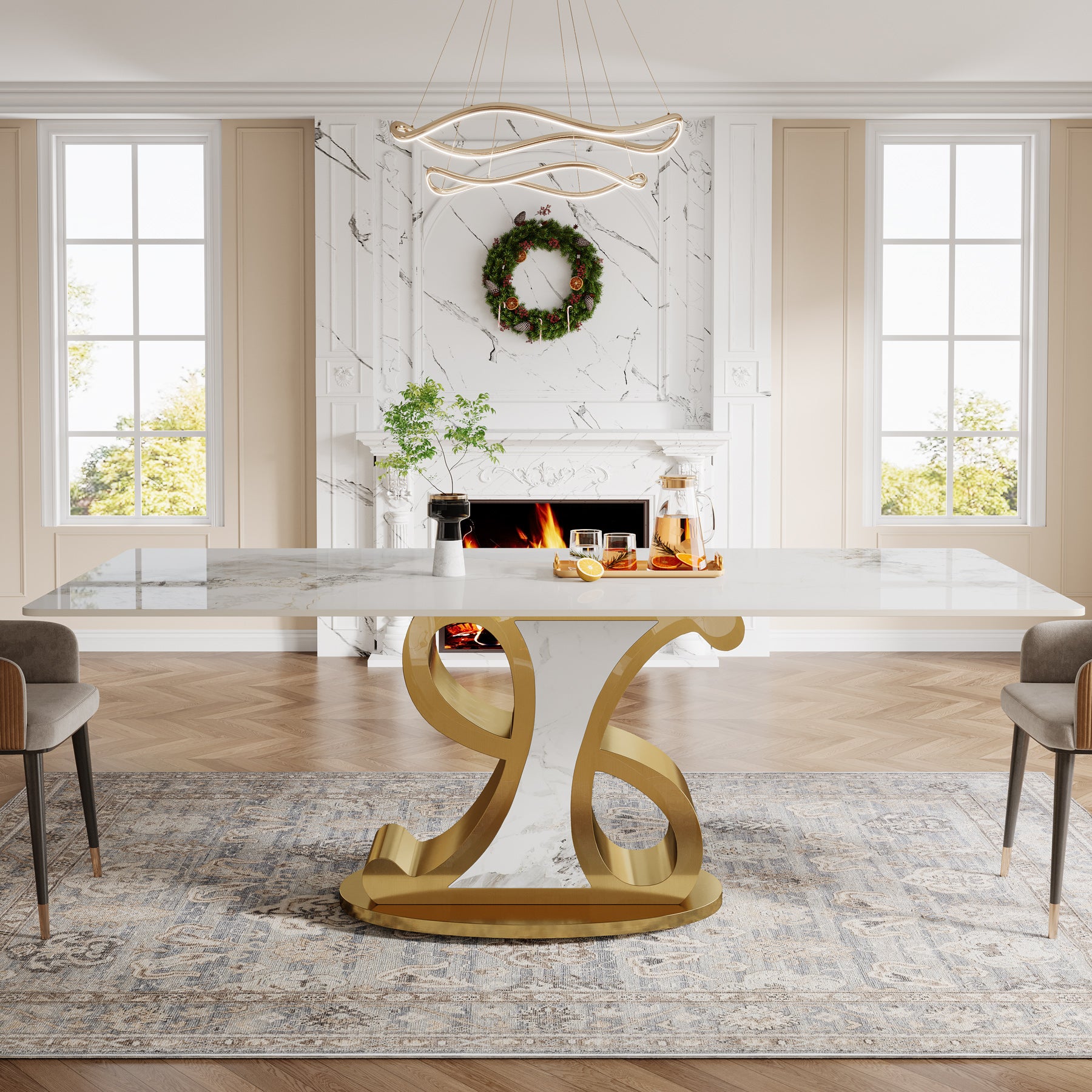 78.7" Sintered Stone Dining Table, Luxury Kitchen Table with Stainless Steel Base for 8-10