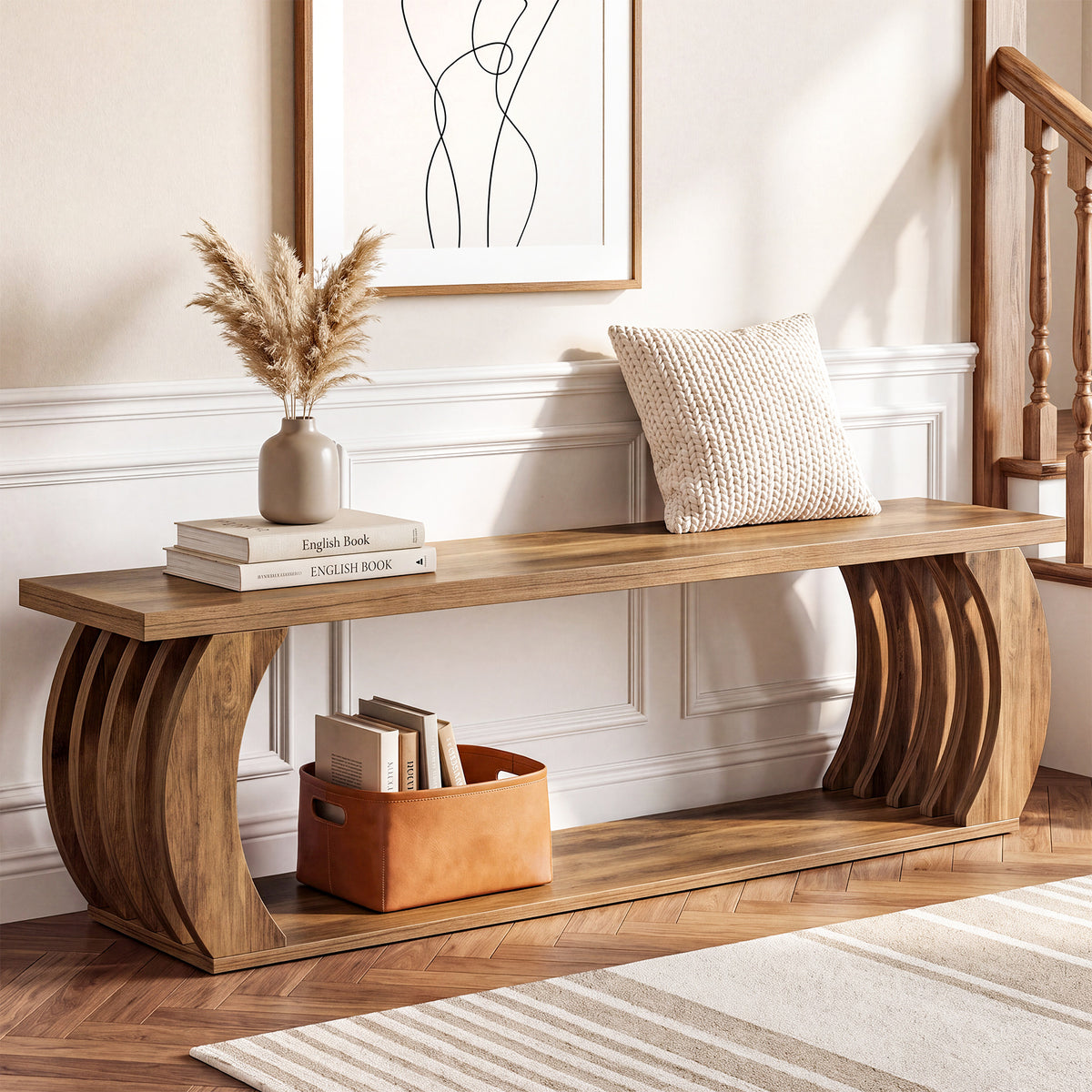 63" Farmhouse Entryway Bench with Shoe Storage, 2-Tier Hollow Legs