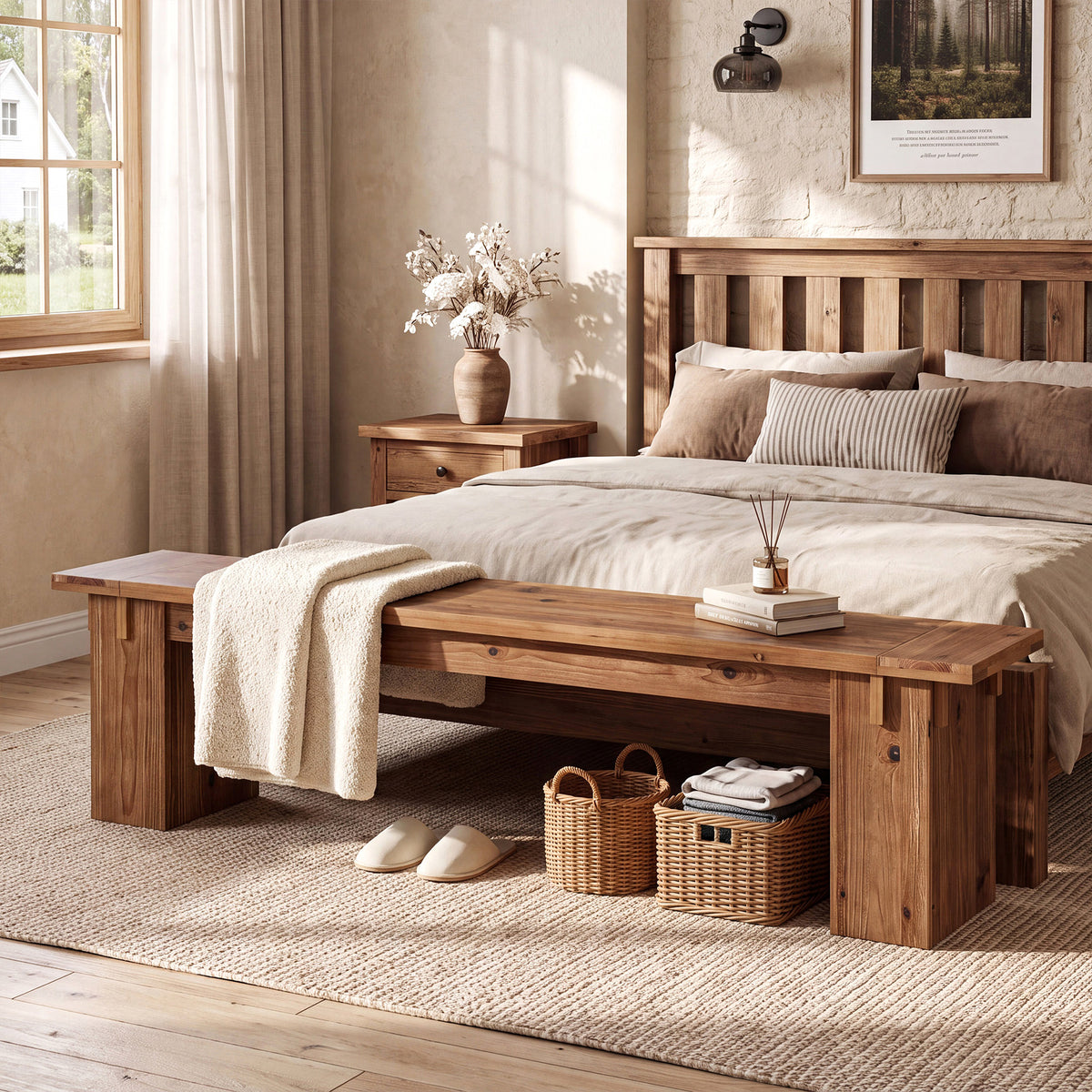 71" Farmhouse Solid Wood Entryway Bench with Thick Legs, Bedroom End of Bed Bench
