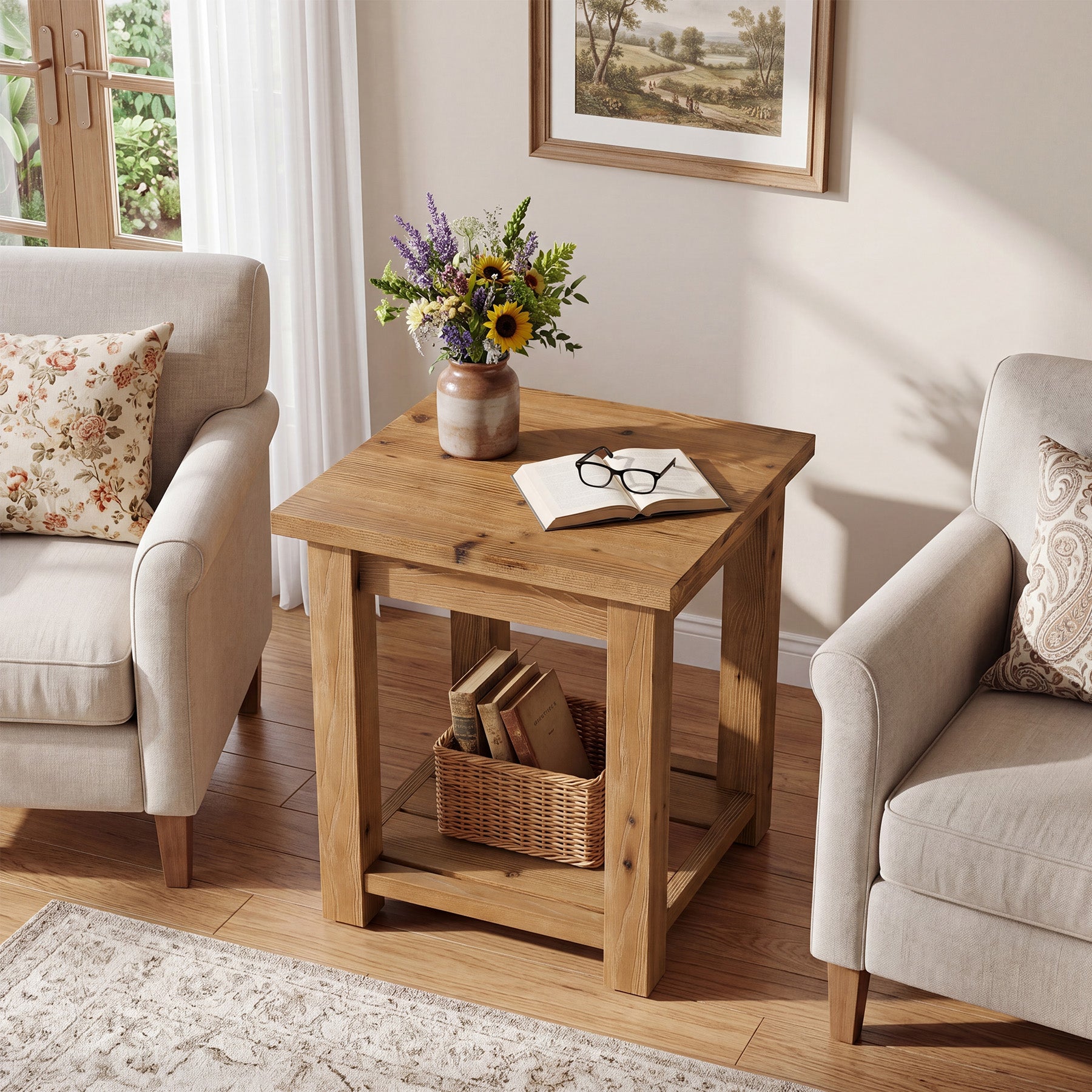 19.7" Solid Wood End Table, Square Side Table with Storage Shelves for Living Room