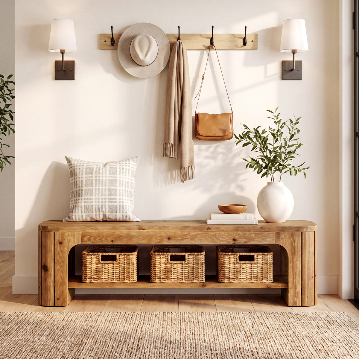 63" Solid Wood Entryway Bench, 2-Tier Open Shoe Storage, Rustic Hallway Bench