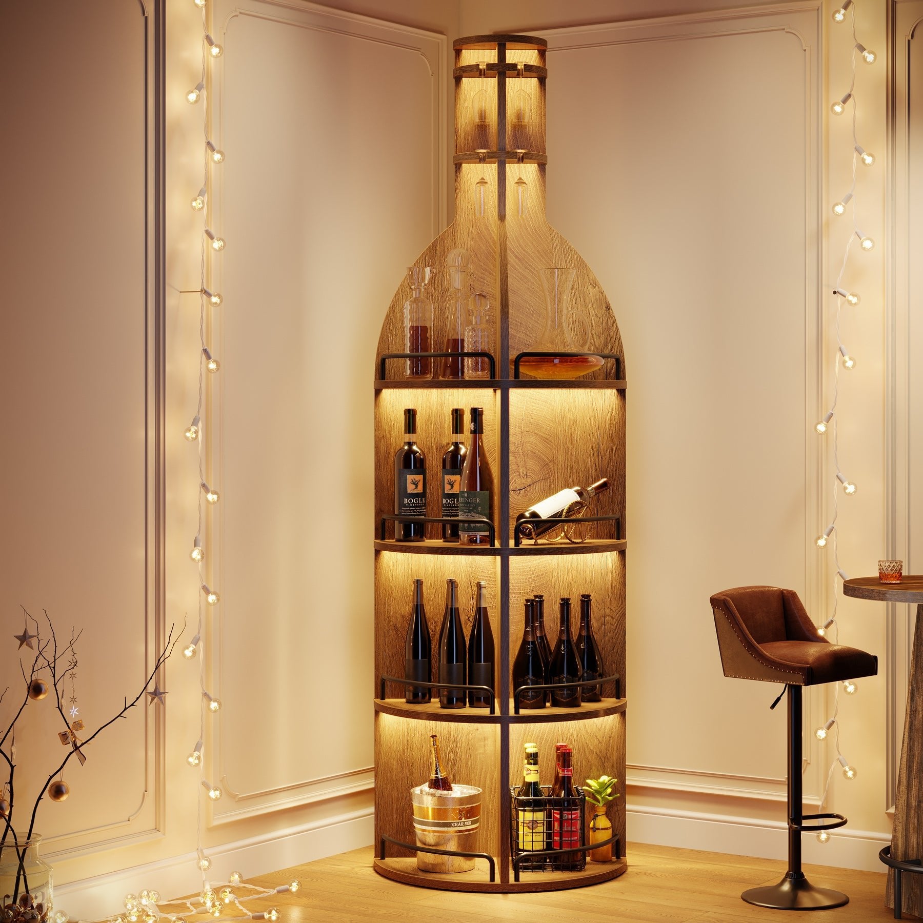 75" Wine Rack with Shelves, Round Wine Cabinet with Hanging Goblet Holder (No Lights)