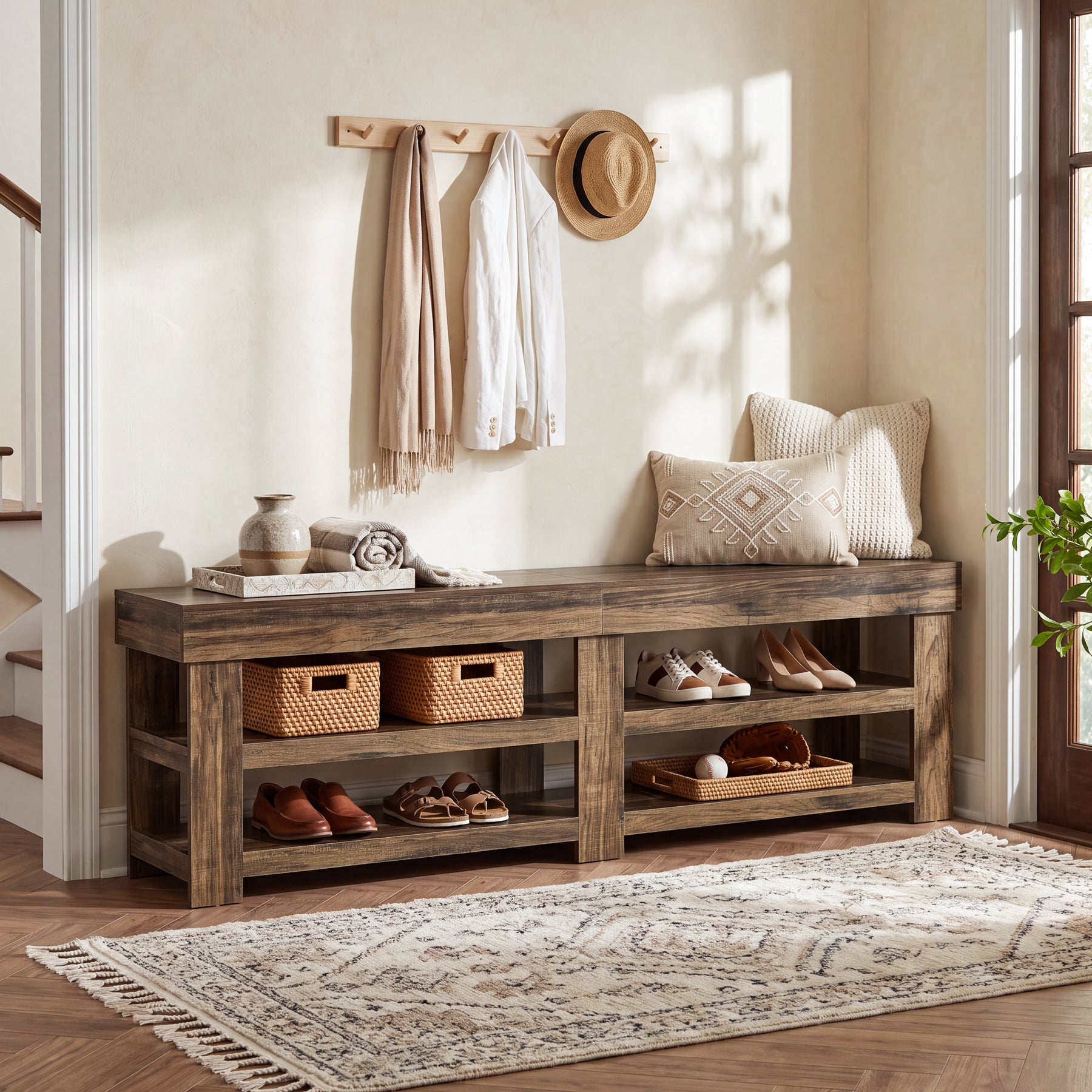 79" Extra Long Entryway Bench with Shoe Storage, Farmhouse Wood Shoe Bench