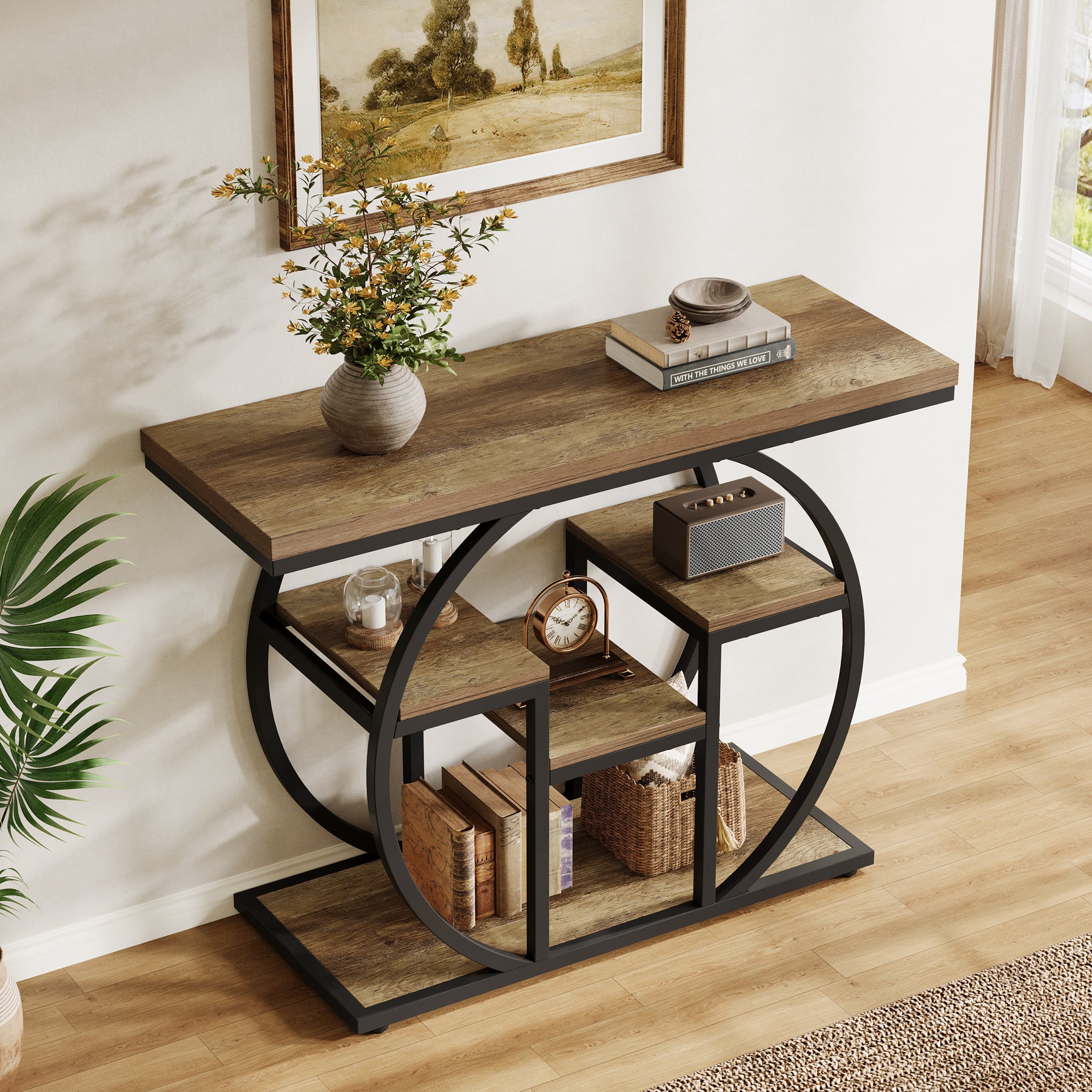 41.3" Industrial Console Table, 4-Tier Sofa Table with Storage Shelves