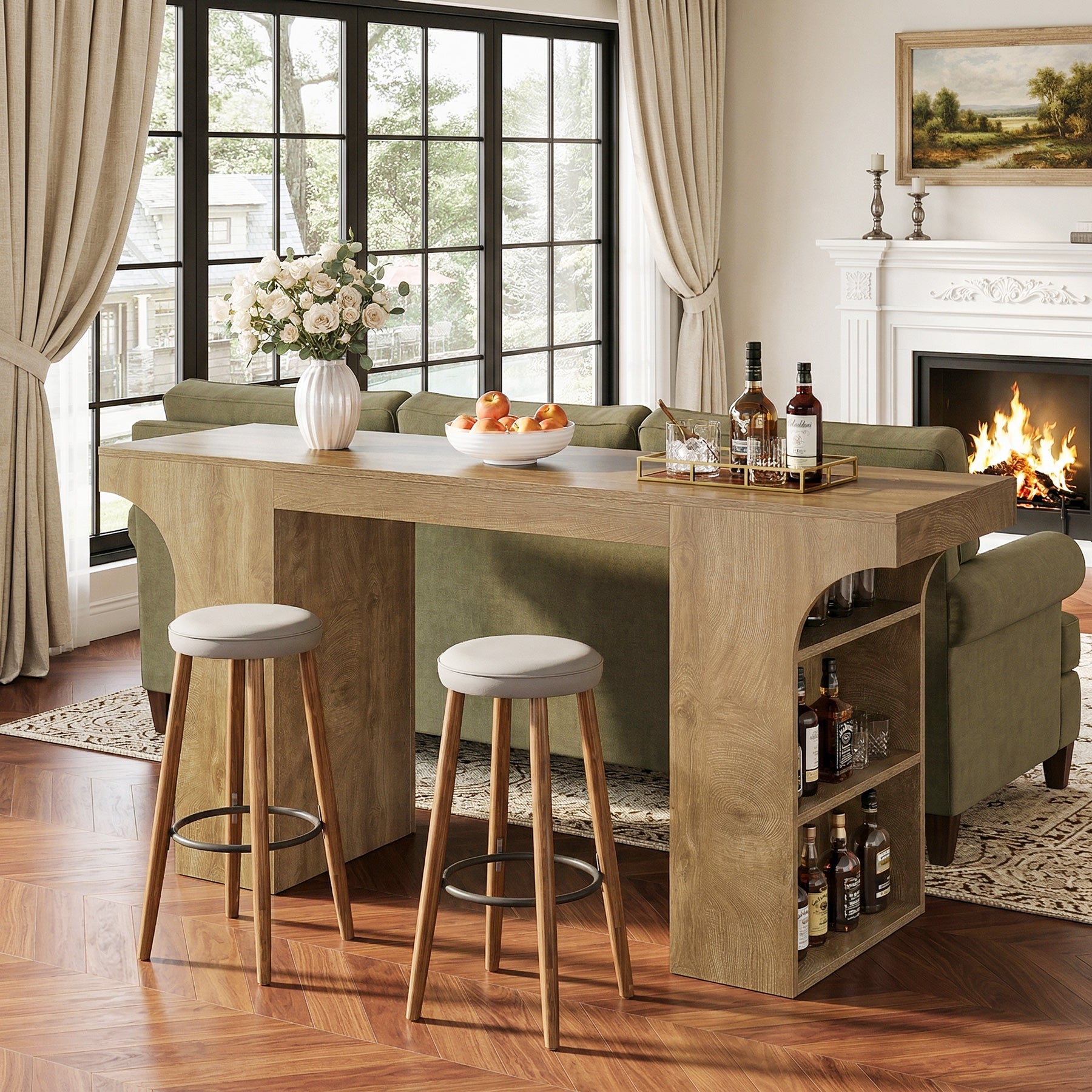 63" Bar Table, Rectangular Counter Height Pub Table with Storage Shelves