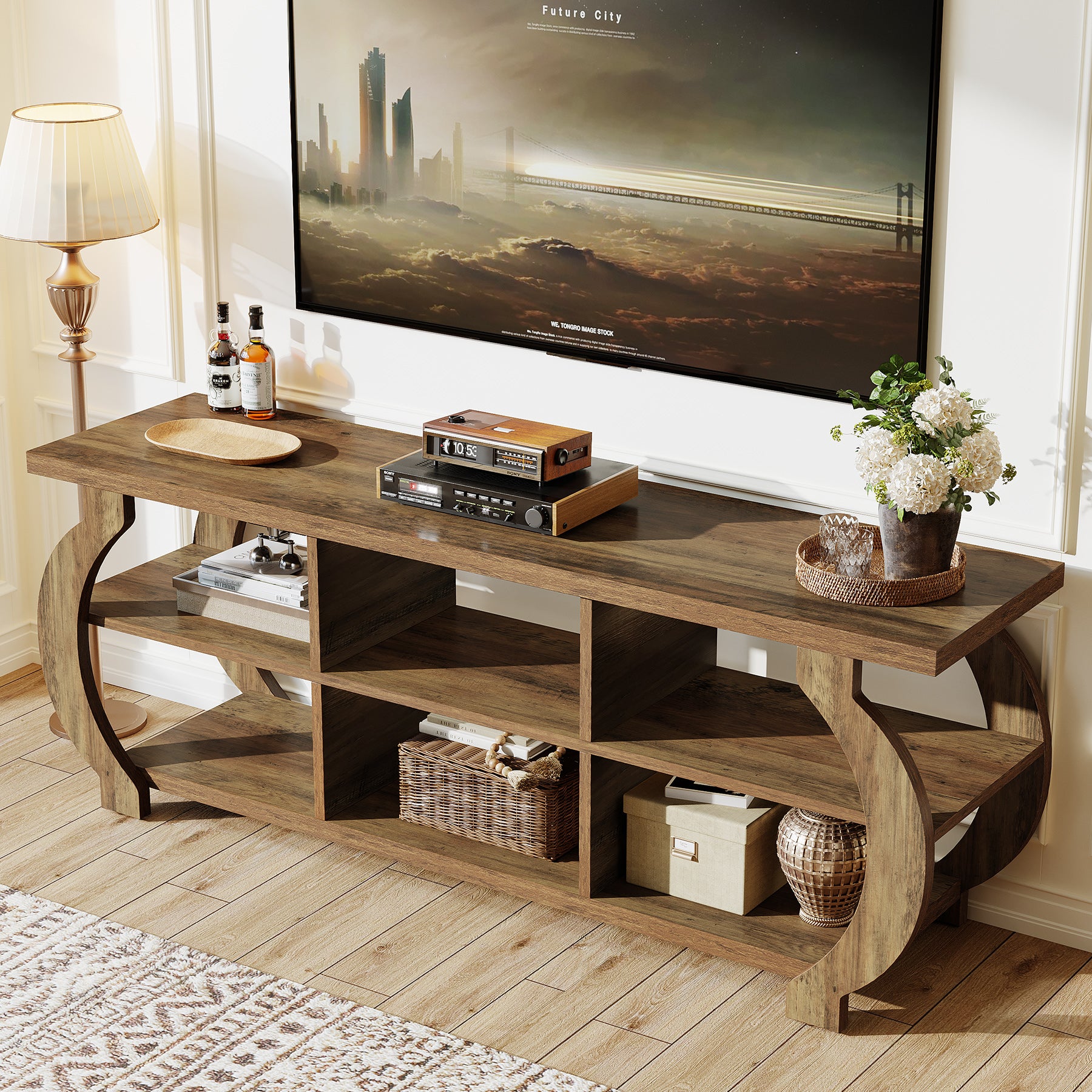 63" Farmhouse TV Stand for 55–75 Inch TVs, Wood Media Console with Open Storage Shelves for Living Room