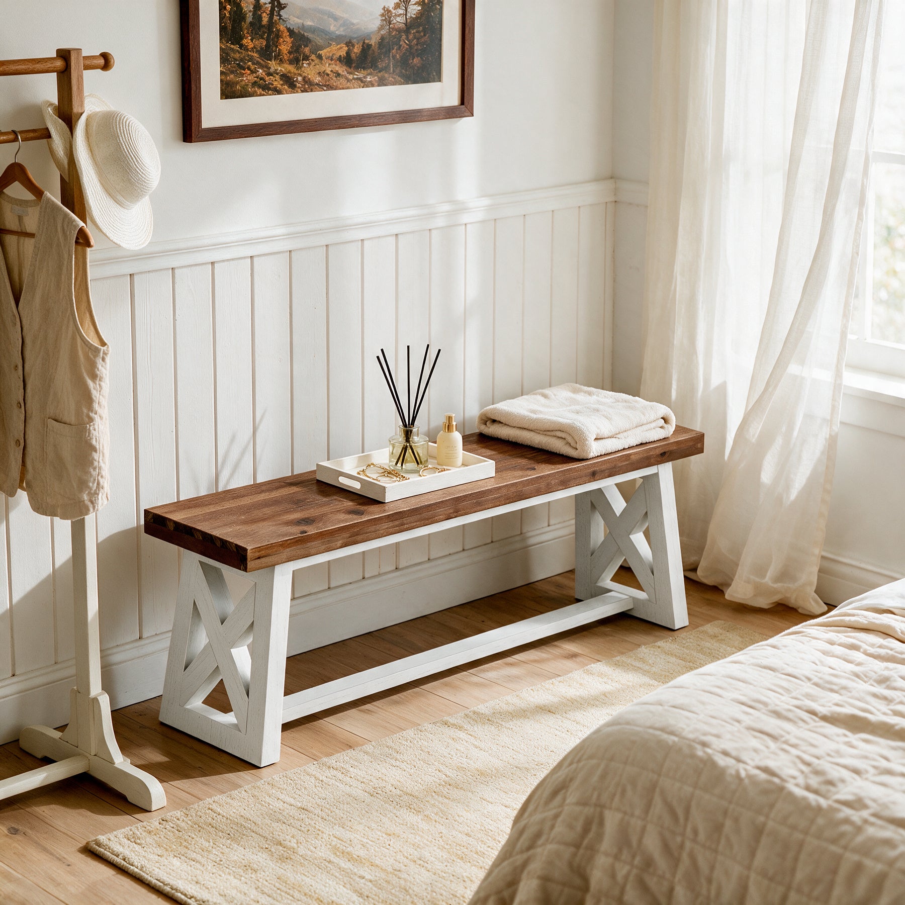 55" Two-Tone Farmhouse End of Bed Bench, Rustic Solid Wood, Bedroom Hallway