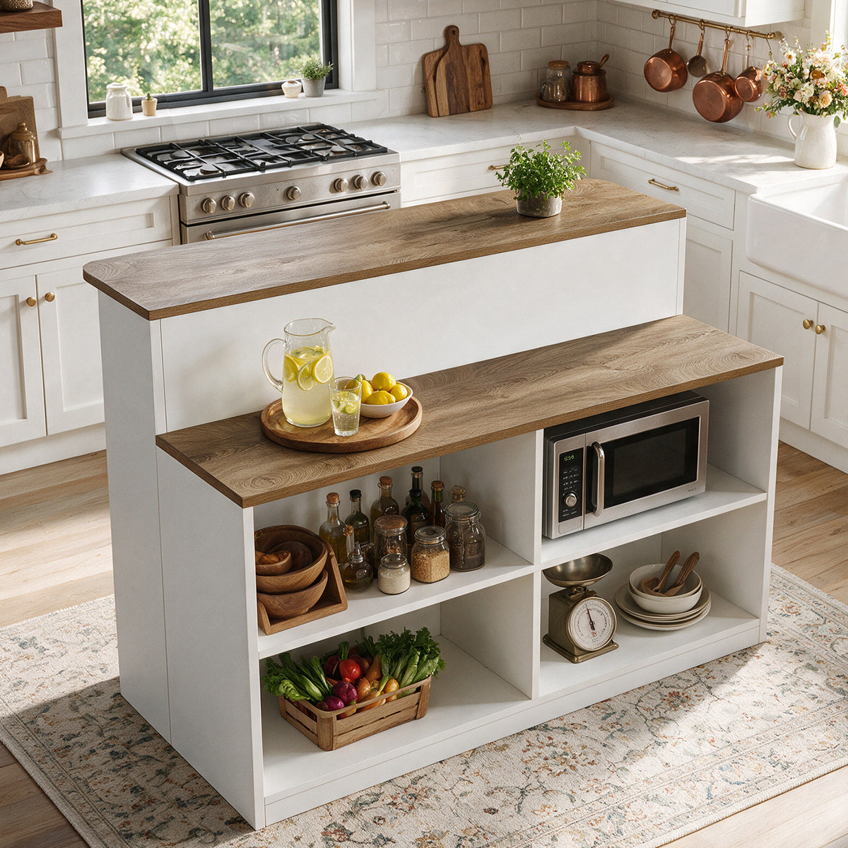 4-Tier Bar Table with Storage, Rectangular Pub Table with 4 Open Cubbies &  2-Tier Worktop