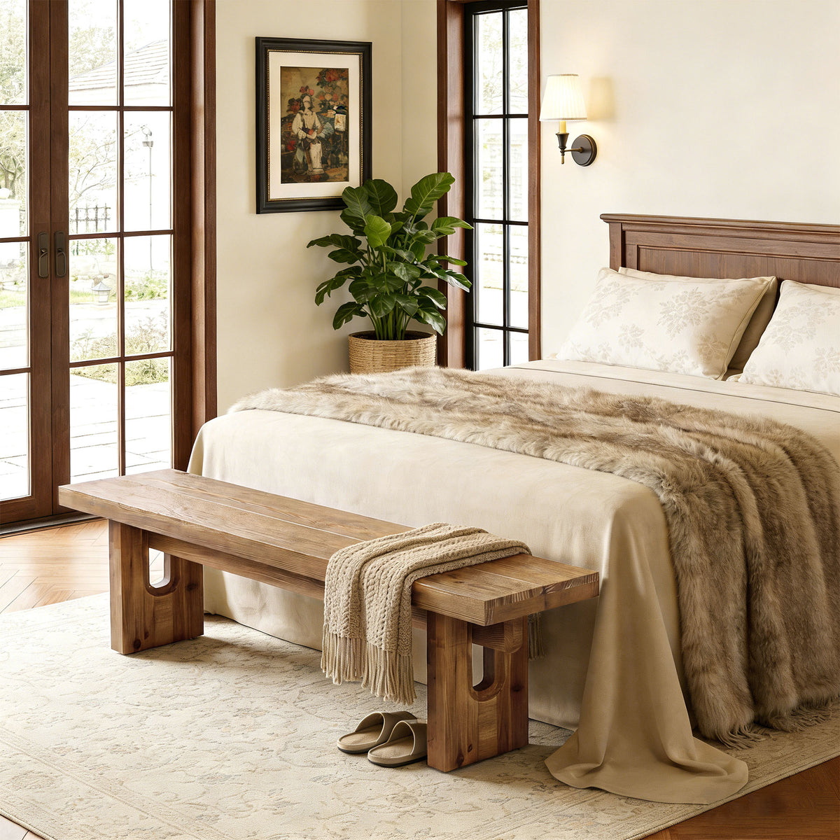 63“ Long Entryway Bench, Solid Wood End of Bed Indoor Seating