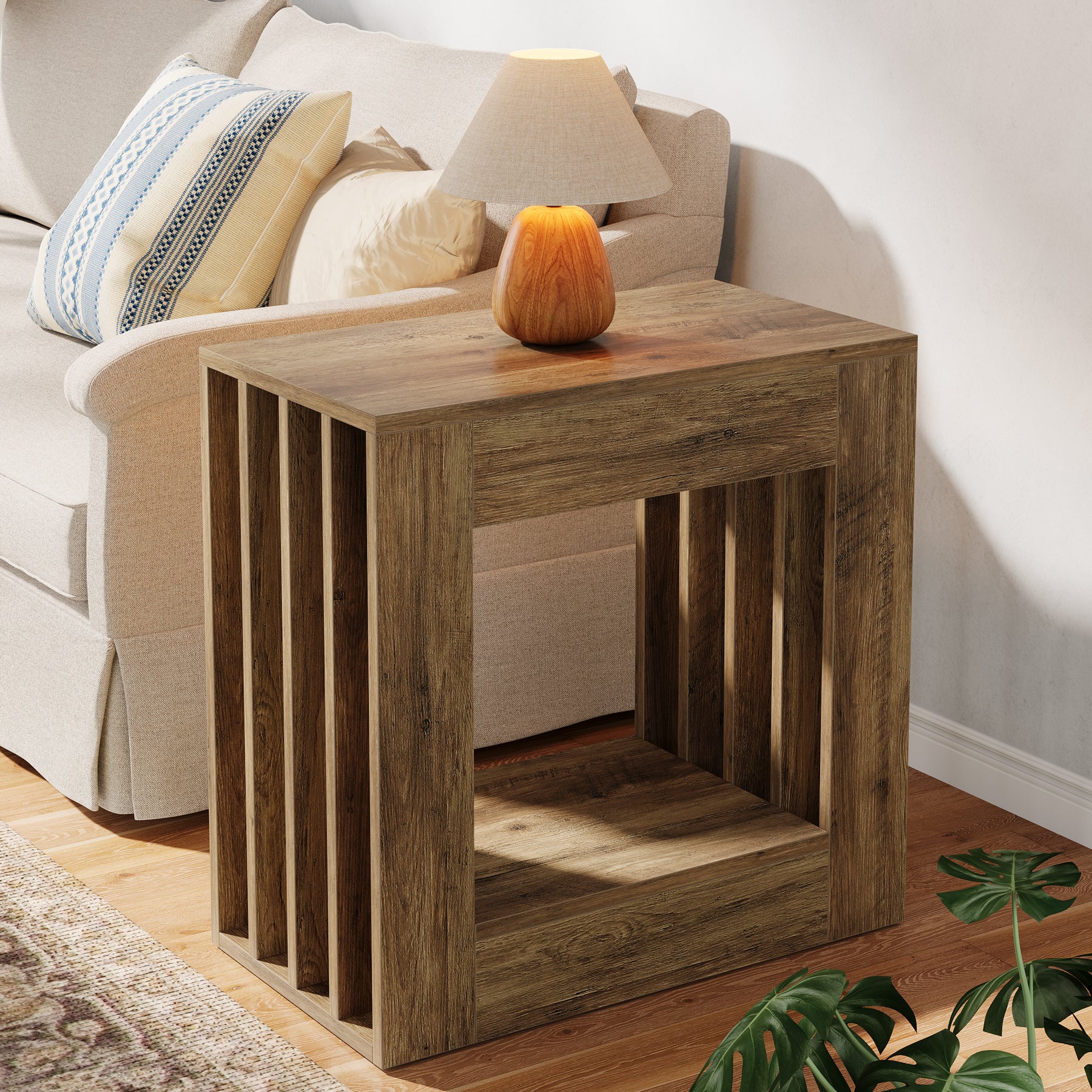23.62" Farmhouse Narrow End Table, Rustic Square Nightstand with Storage Shelf