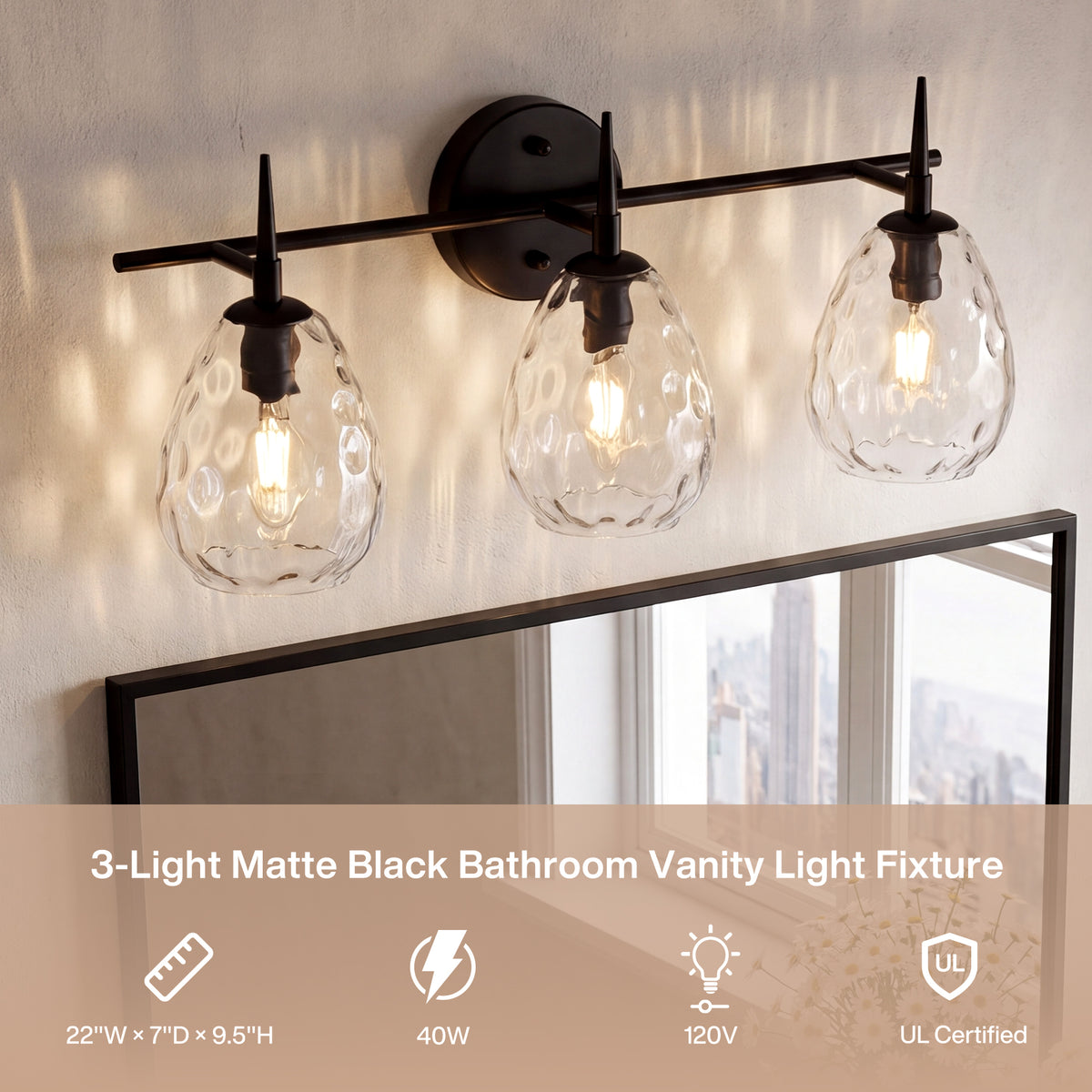 3-Light 22" Bathroom Vanity Light, Matte Black Wall Sconce with Hammered Glass