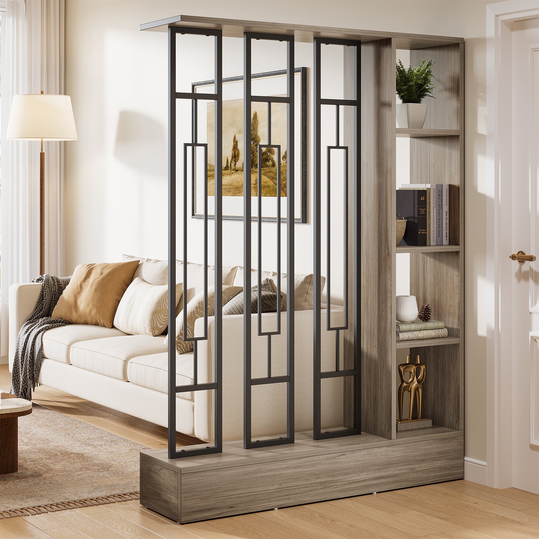 70.9" Wall Room Divider, Freestanding Wall Partition with Display Shelves