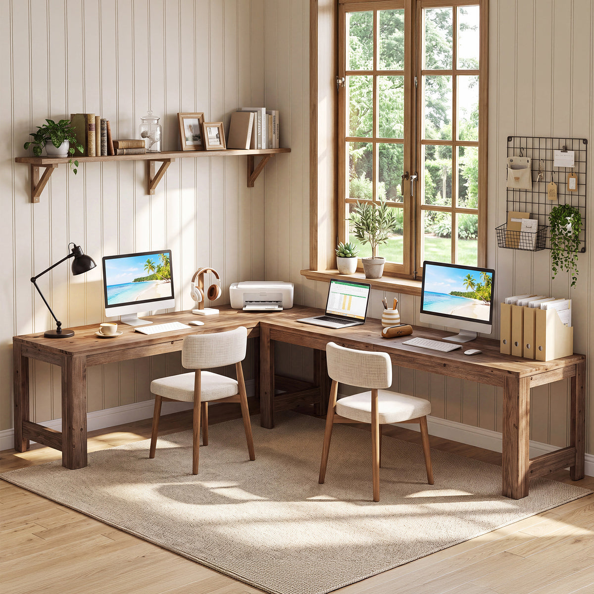 79" Farmhouse Solid Wood Two Person Desk, Long Computer Desk for 2, Writing Table