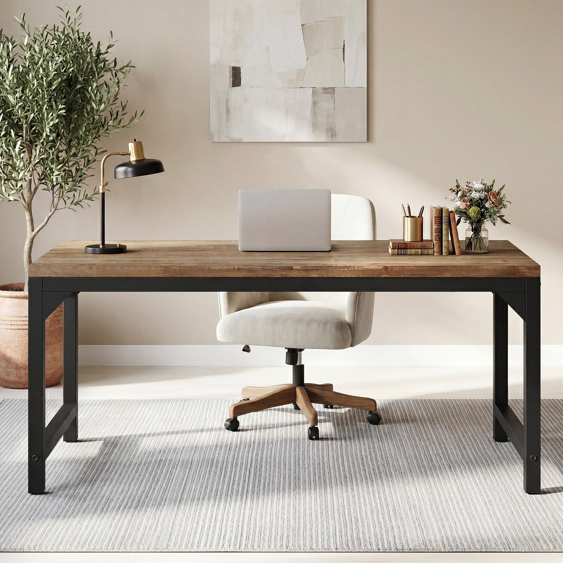 63" Solid Wood Office Desk, Heavy-Duty Computer Desk with Metal Frame