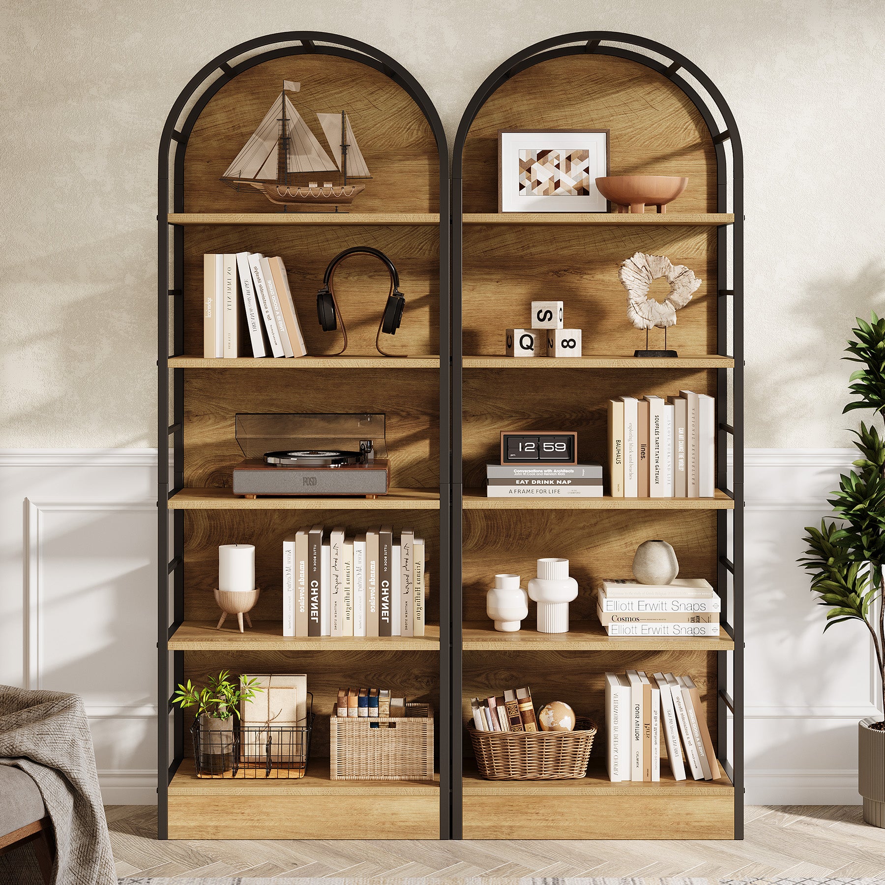 5 Tier Arched Bookcase, 70.8" Industrial Bookshelves for Living Room