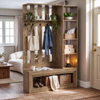 70.9" Room Divider, Farmhouse Wall Partition with Storage Shelves, 5 Hooks & Shoe Bench