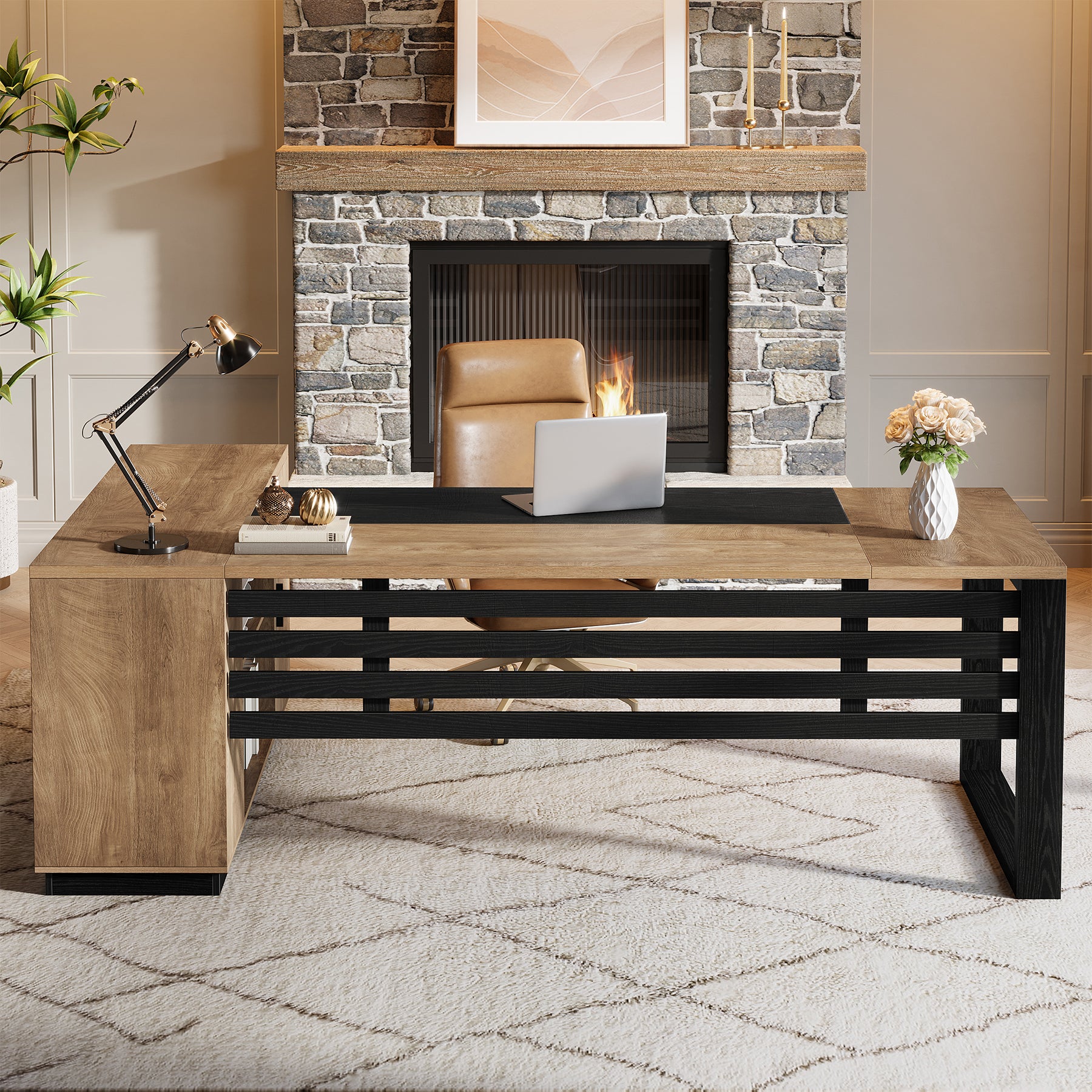 78" L-Shaped Executive Desk, Modern Office Desk with Cabinet Storage & Shelves