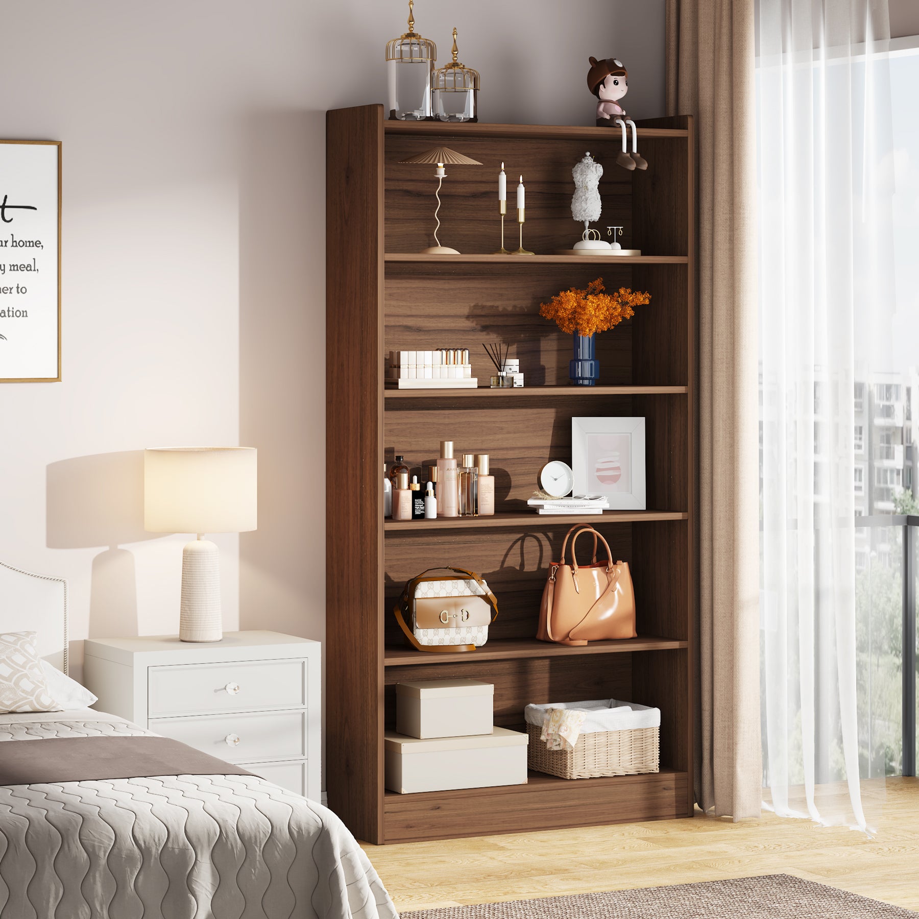 72" Tall Bookcase with 6 Open Shelves, Freestanding Wood Bookshelf