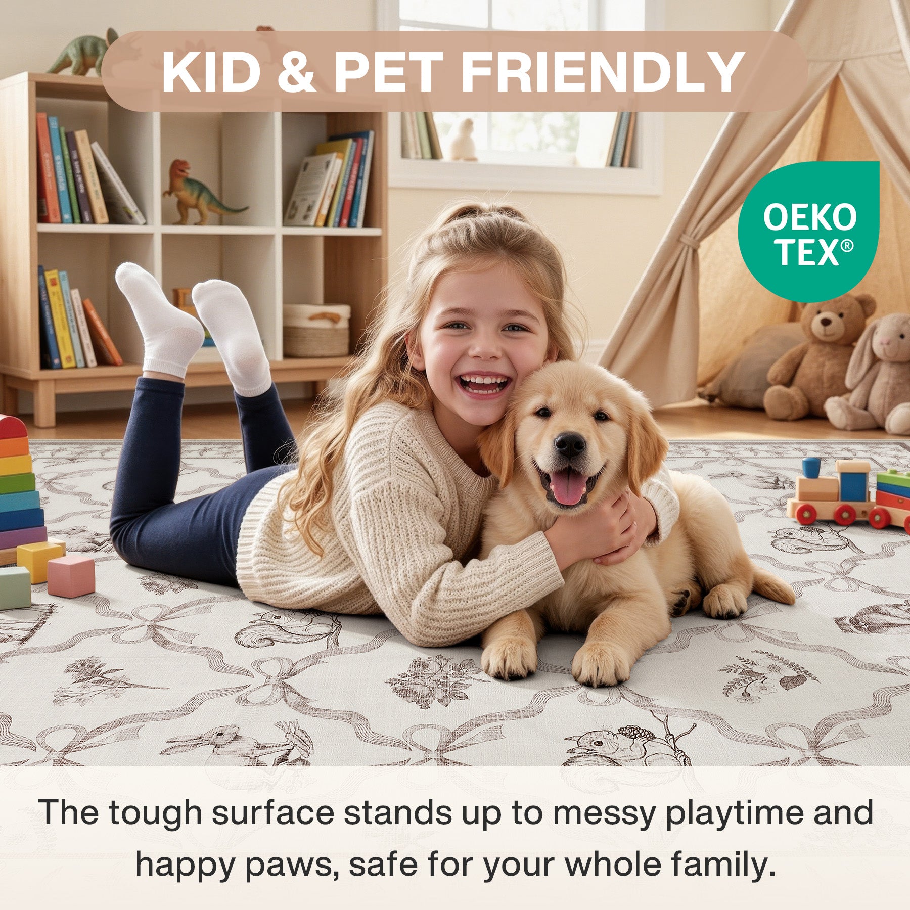 3x5/5x7 Boho Animal Floral Area Rugs for Living Room, Bow Soft Washable Non-Slip Low Pile Carpet, Oeko-Tex Certified