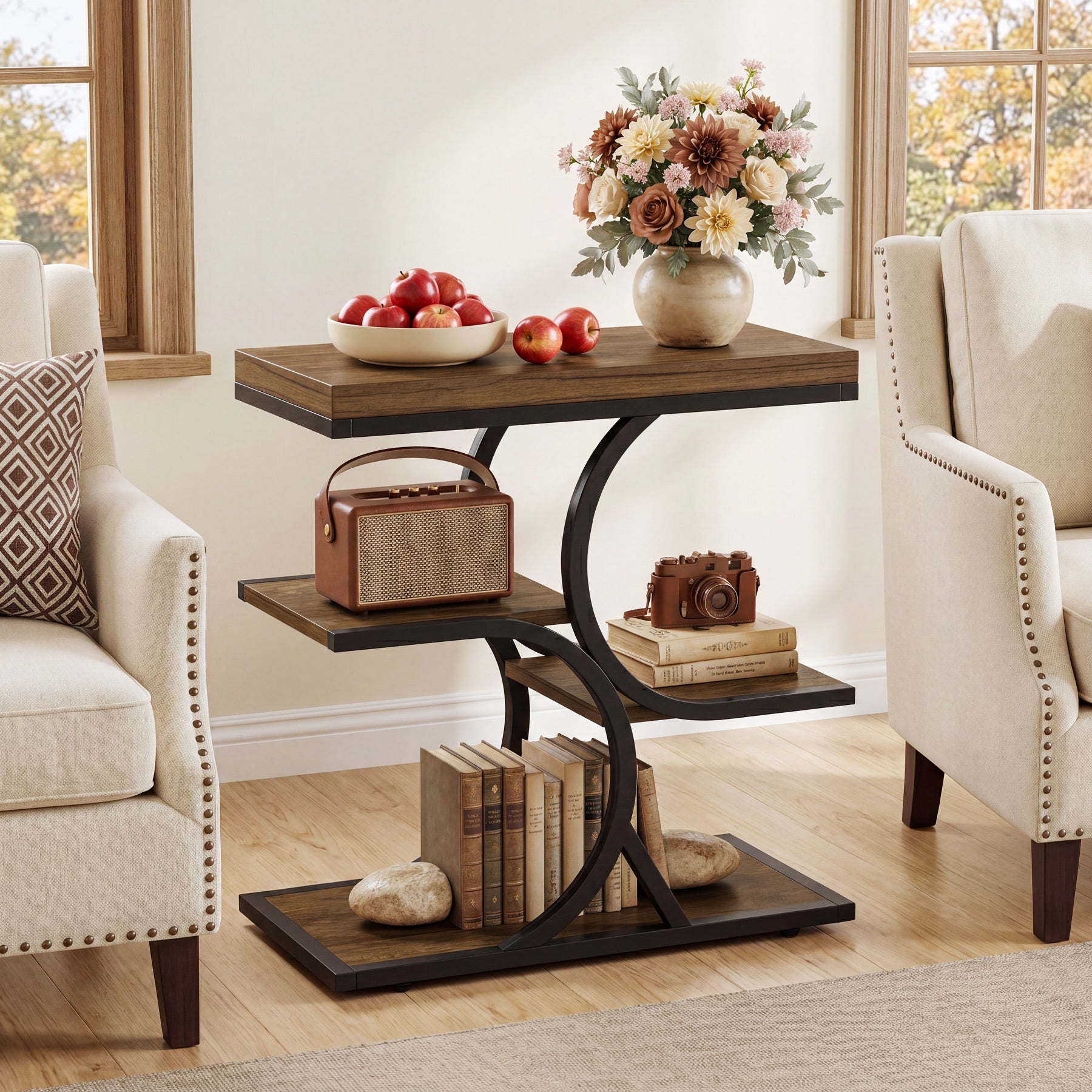 23.62" End Table with 4-Tier Shelf, Narrow Side Table with Metal Frame for Small Spaces