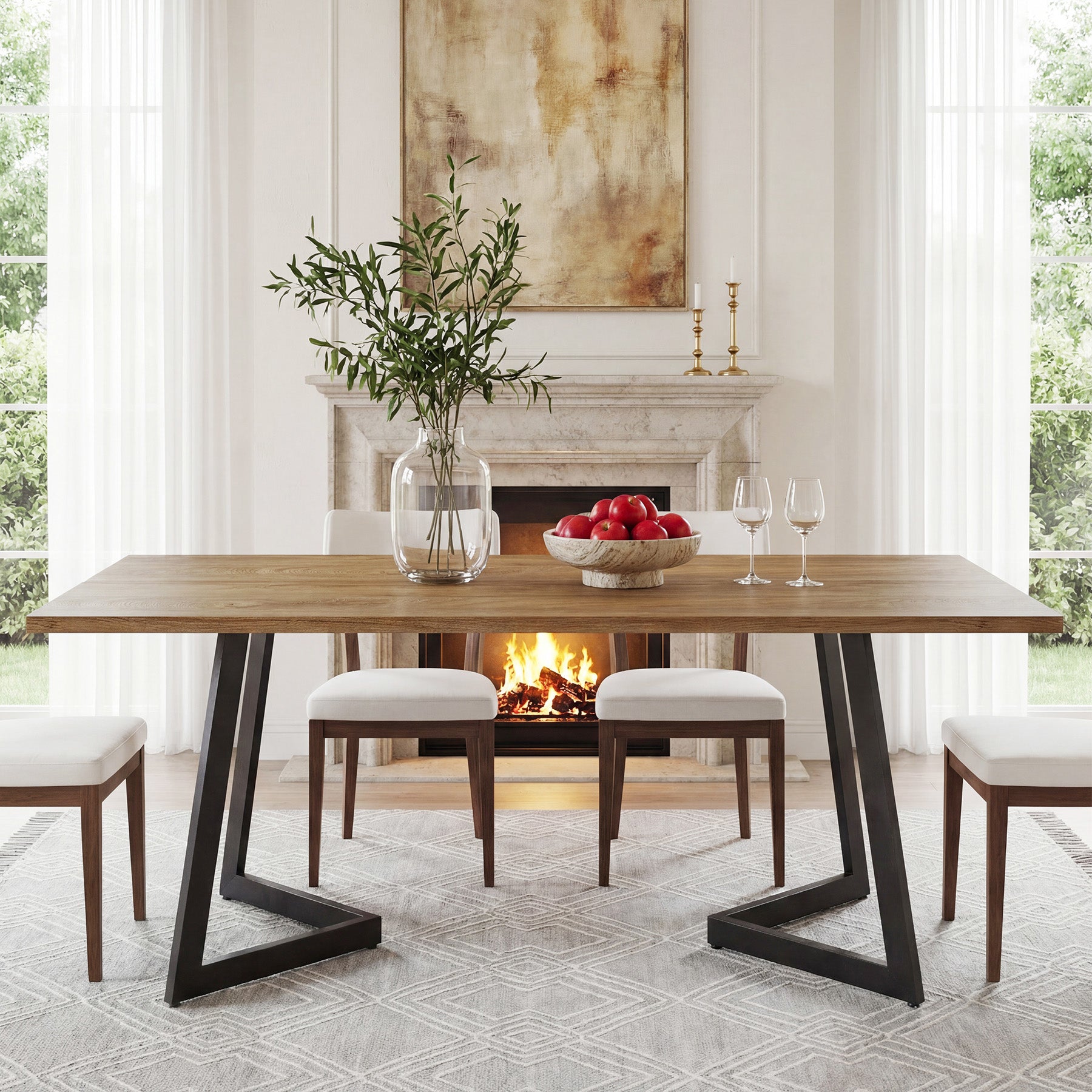62" Rectangular Dining Table for 6, Modern Farmhouse Kitchen Table with Metal Legs for Dining Room