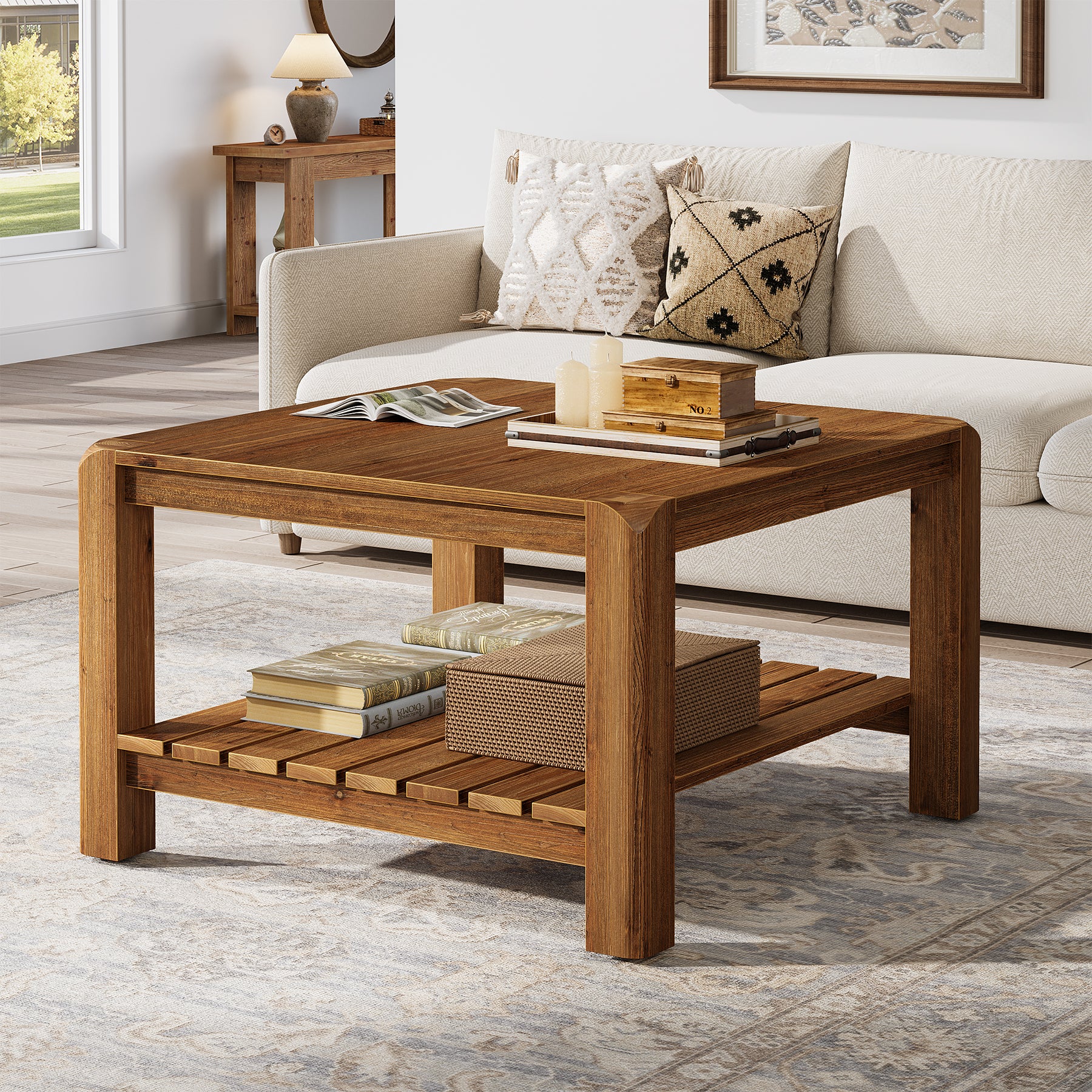 31.5" Modern Coffee Table, 2-Tier Solid Wood Square Center Table