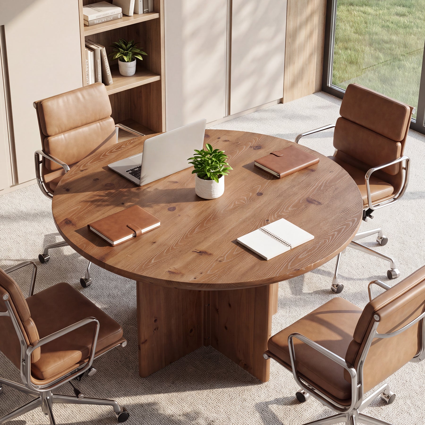 47.2" Round Conference Table, Solid Wood Office Meeting Table with Cross Pedestal Base for 4-6