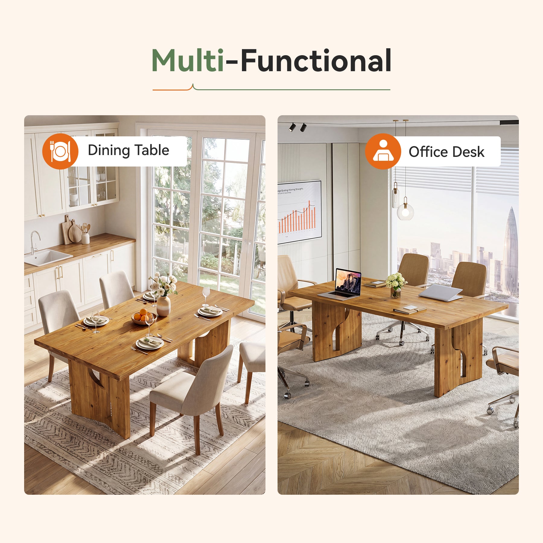 63" Solid Wood Dining Table for 4-6, Farmhouse Kitchen Table with Cutout Bases